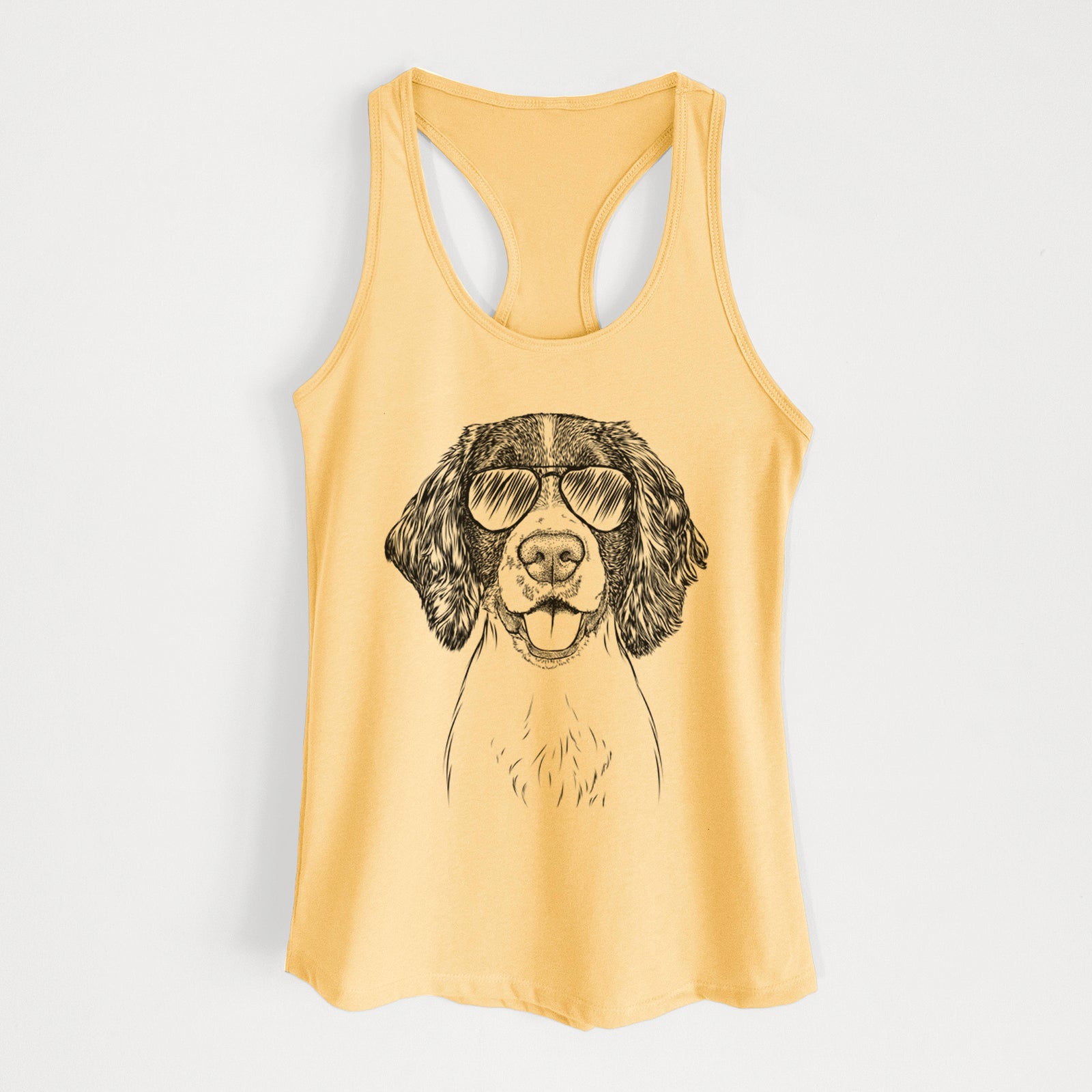 Hand-drawn sketch of Ever the English Springer Spaniel wearing aviator sunglasses on a Banana Cream Women's racerback tanktop