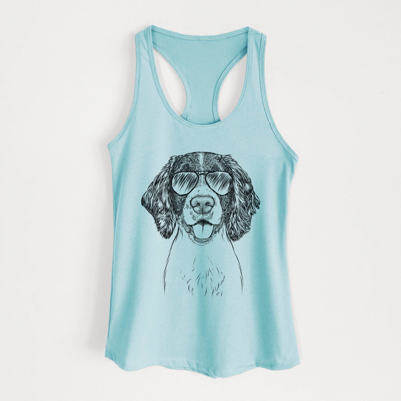 Hand-drawn sketch of Ever the English Springer Spaniel wearing aviator sunglasses on a Cancun Blue Women's racerback tanktop