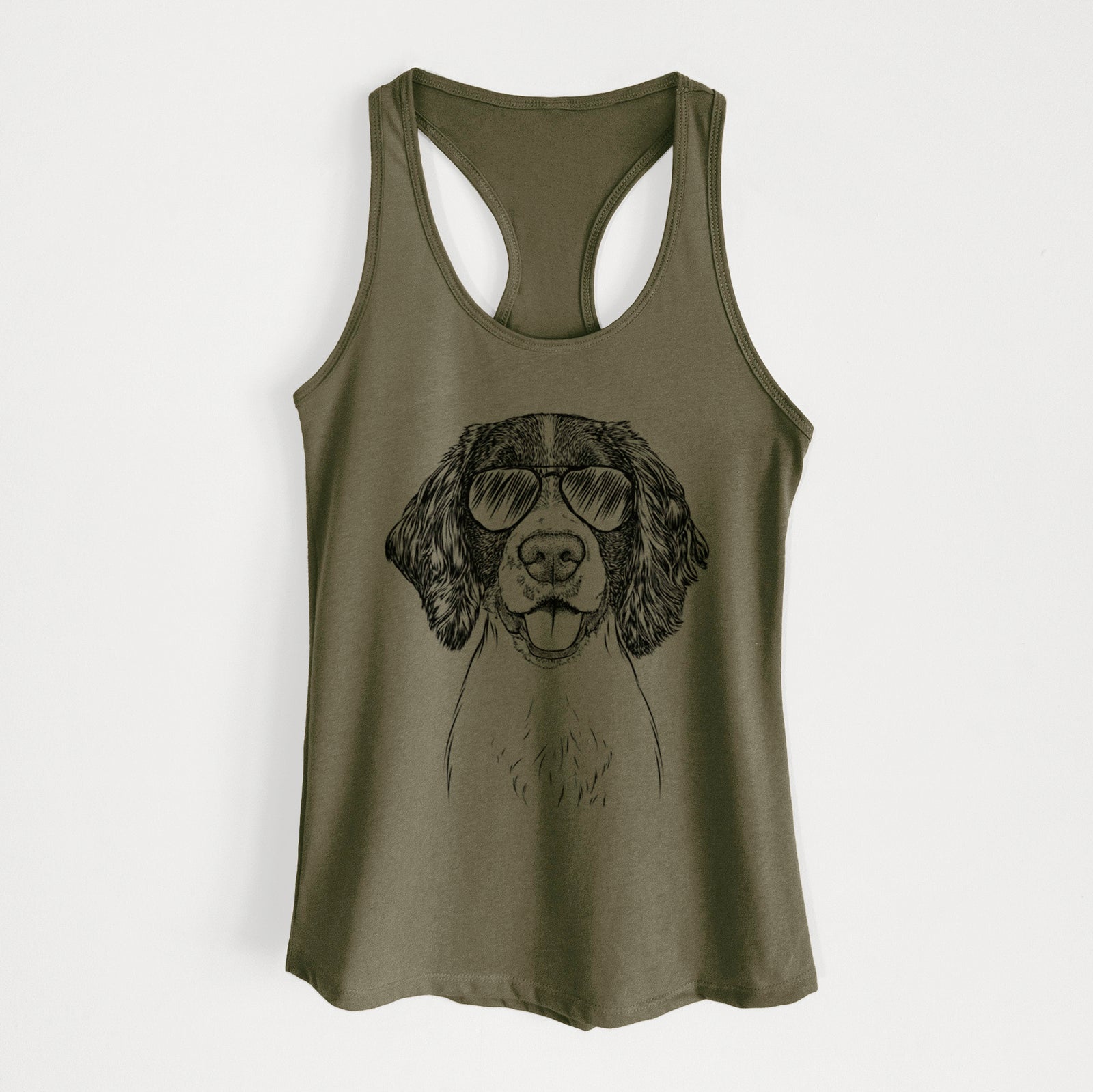 Hand-drawn sketch of Ever the English Springer Spaniel wearing aviator sunglasses on a Military Green Women's racerback tanktop