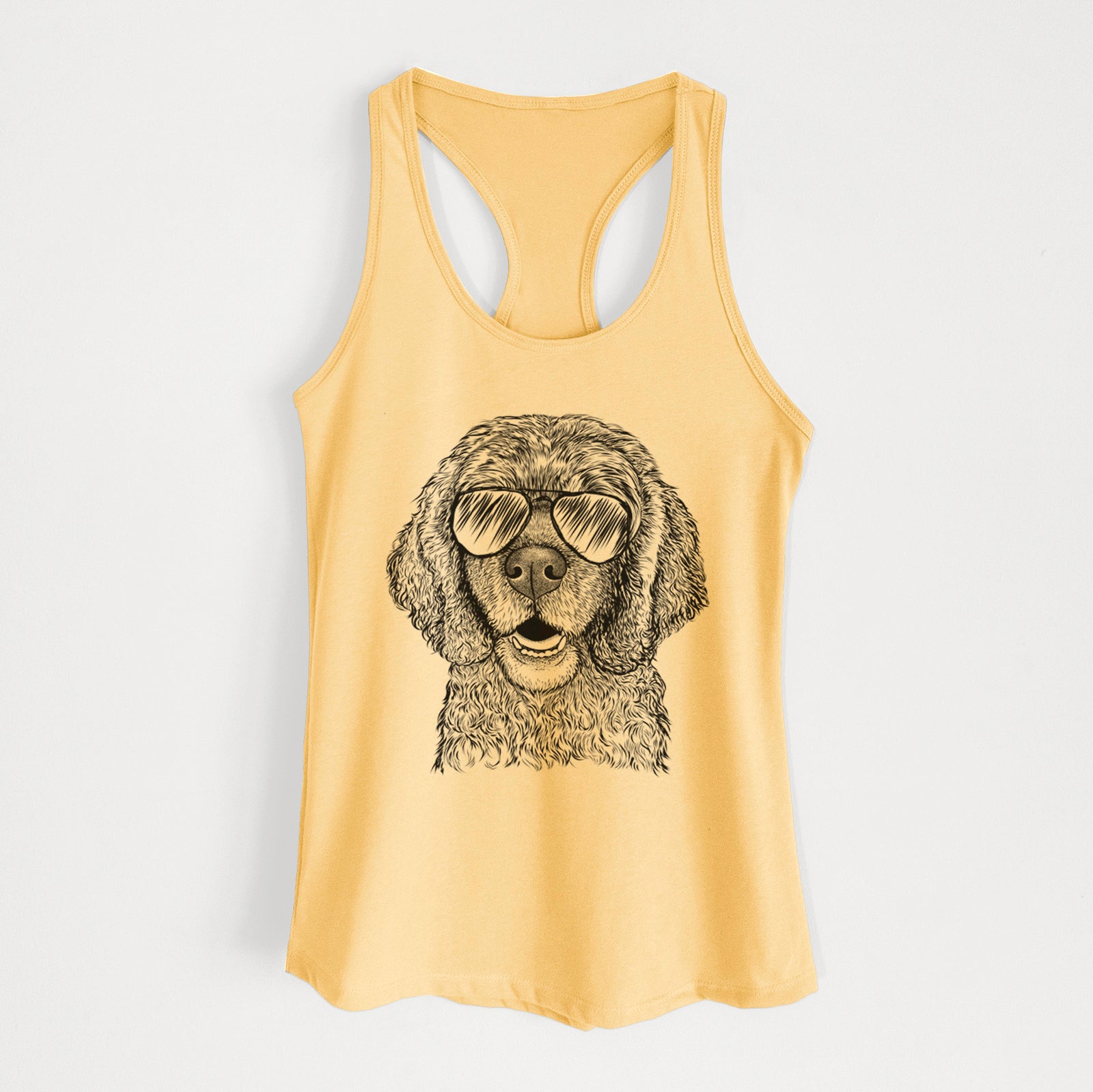 Hand-drawn sketch of Fannie Mae the Cocker Spaniel wearing aviator sunglasses on a Banana Cream Women's racerback tanktop
