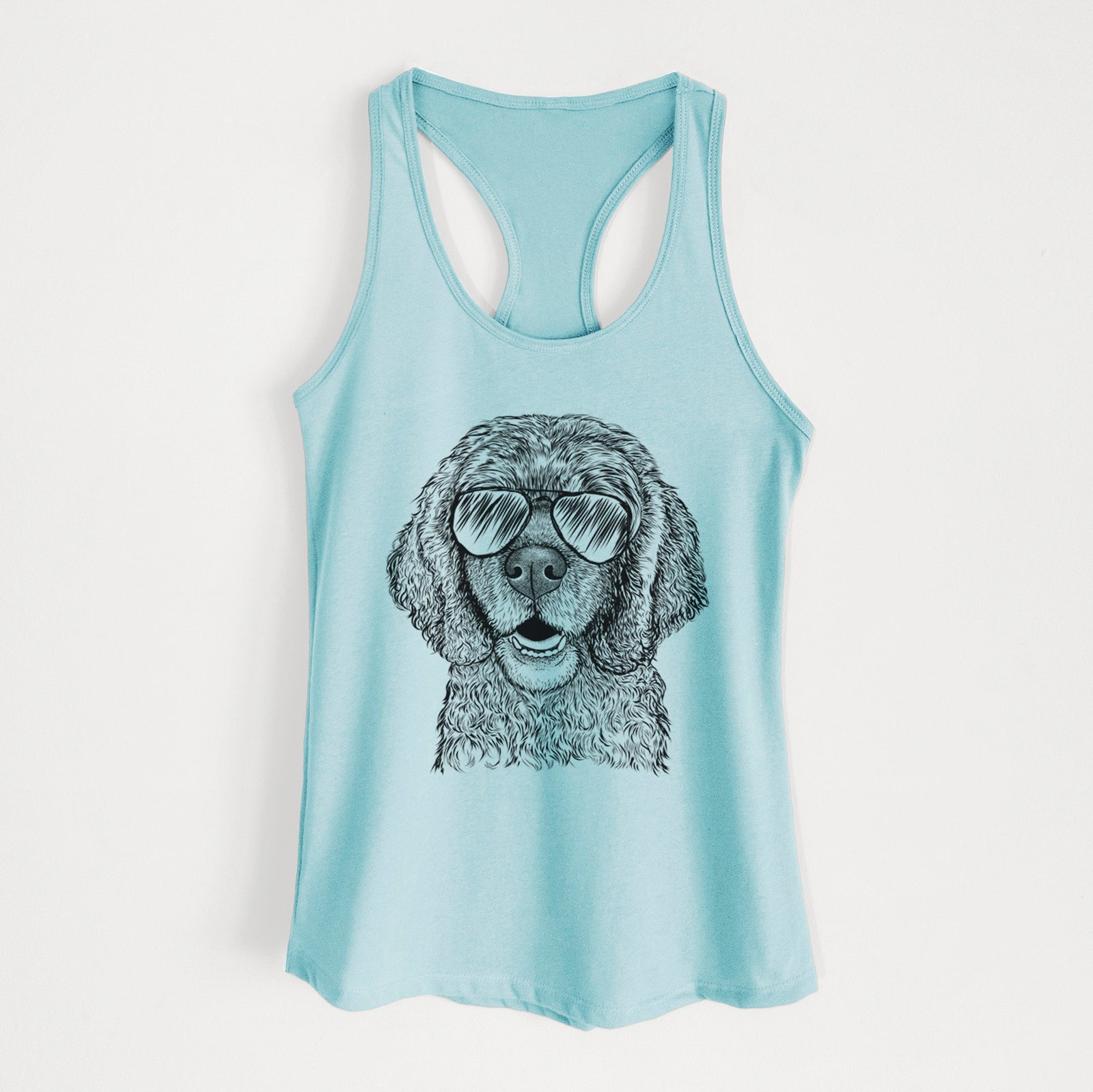 Hand-drawn sketch of Fannie Mae the Cocker Spaniel wearing aviator sunglasses on a Cancun Blue Women's racerback tanktop