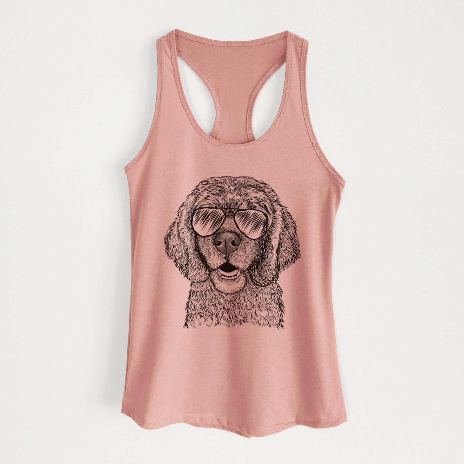 Hand-drawn sketch of Fannie Mae the Cocker Spaniel wearing aviator sunglasses on a Desert Pink Women's racerback tanktop