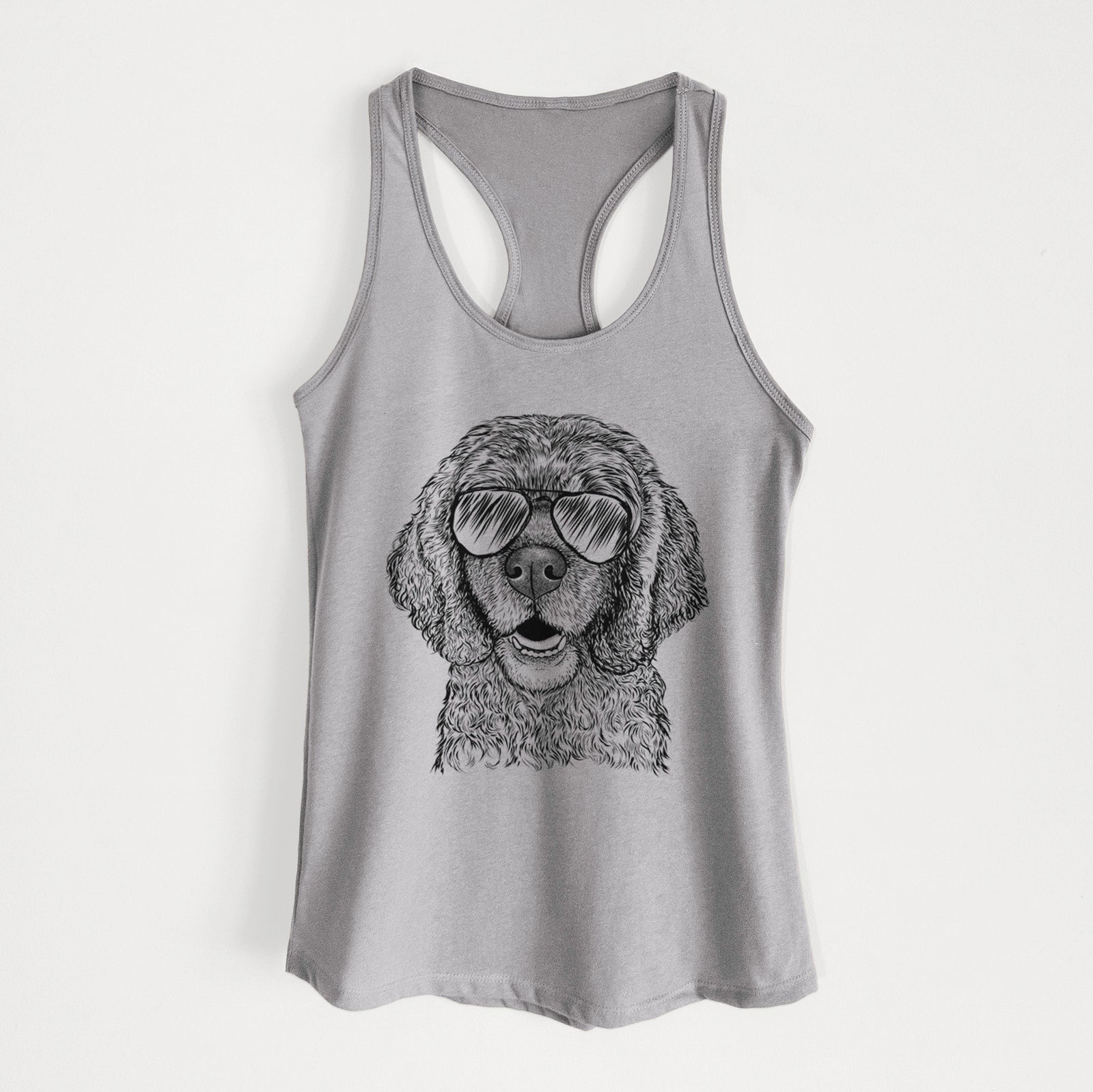 Hand-drawn sketch of Fannie Mae the Cocker Spaniel wearing aviator sunglasses on a Heather Grey Women's racerback tanktop