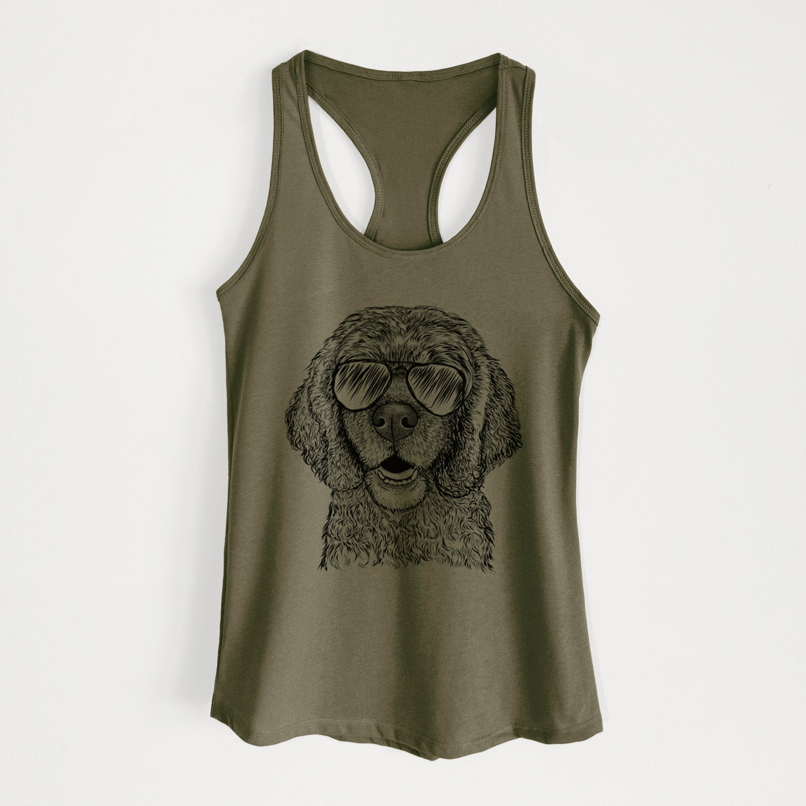 Hand-drawn sketch of Fannie Mae the Cocker Spaniel wearing aviator sunglasses on a Military Green Women's racerback tanktop
