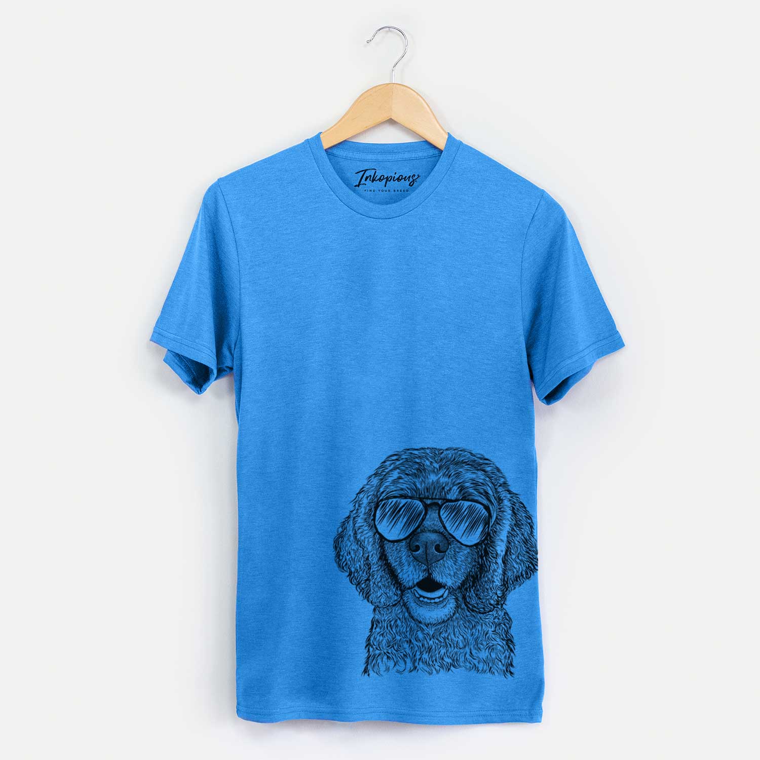Hand-drawn sketch of Fannie Mae the Cocker Spaniel wearing aviator sunglasses on a Blue Unisex crewneck