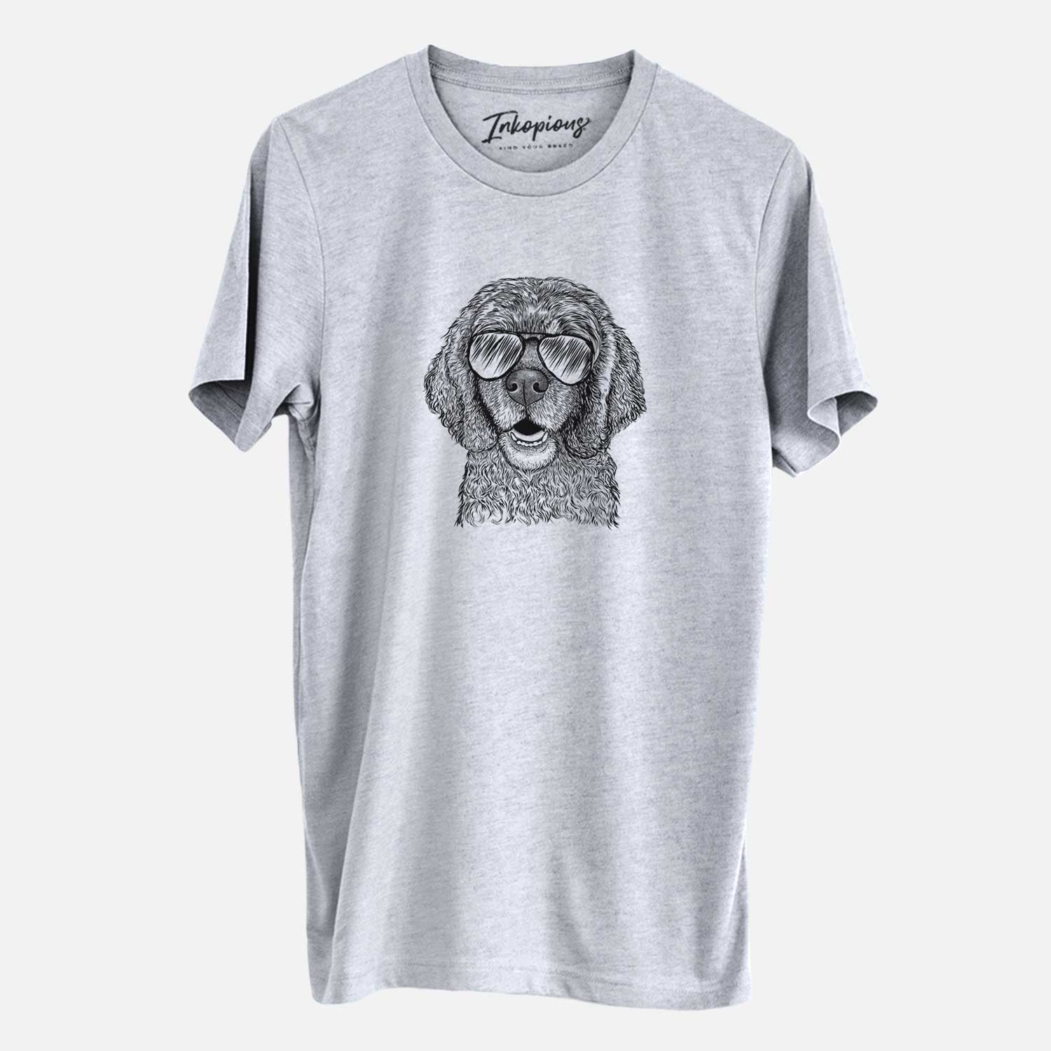 Hand-drawn sketch of Fannie Mae the Cocker Spaniel wearing aviator sunglasses on a Grey Unisex crewneck