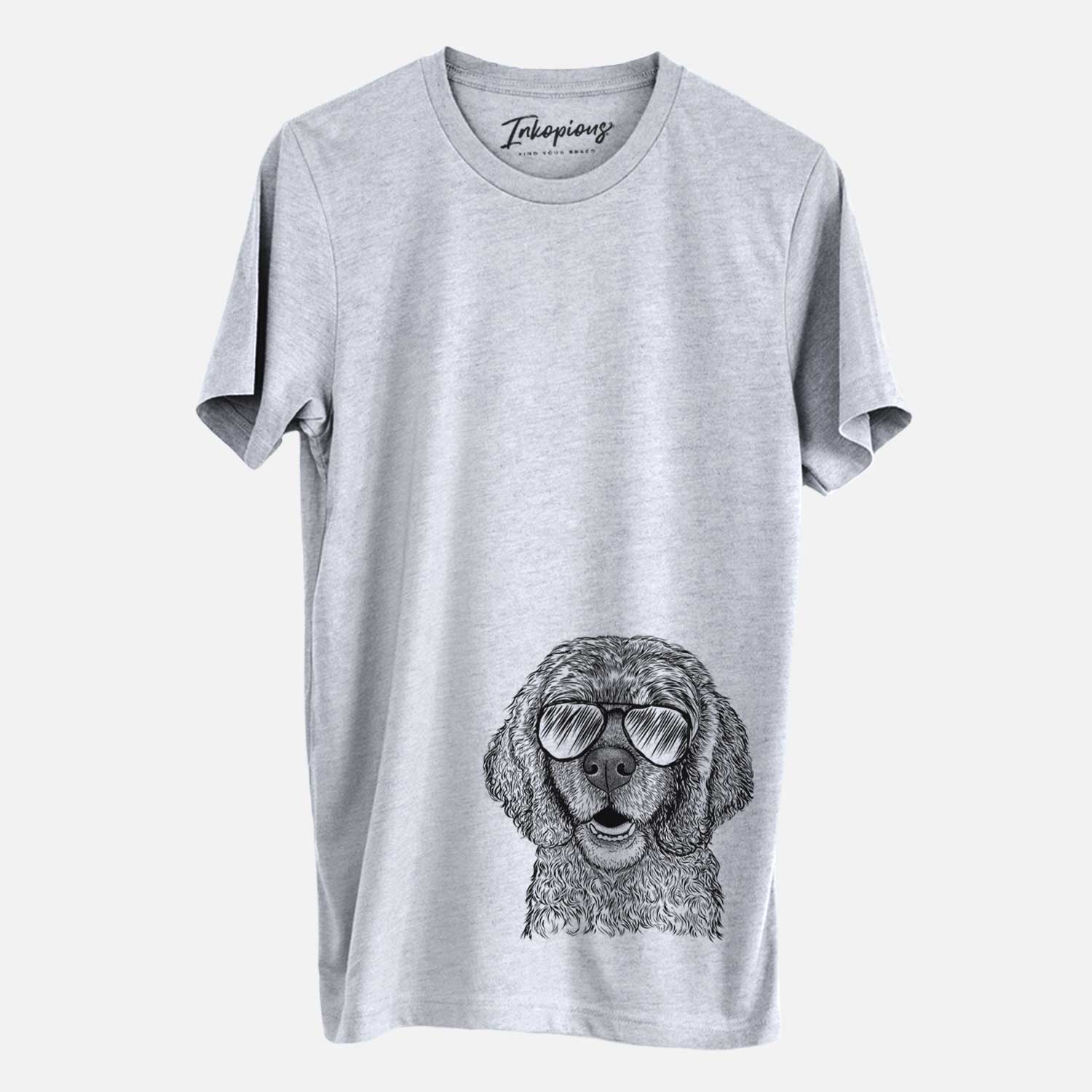 Hand-drawn sketch of Fannie Mae the Cocker Spaniel wearing aviator sunglasses on a Grey Unisex crewneck