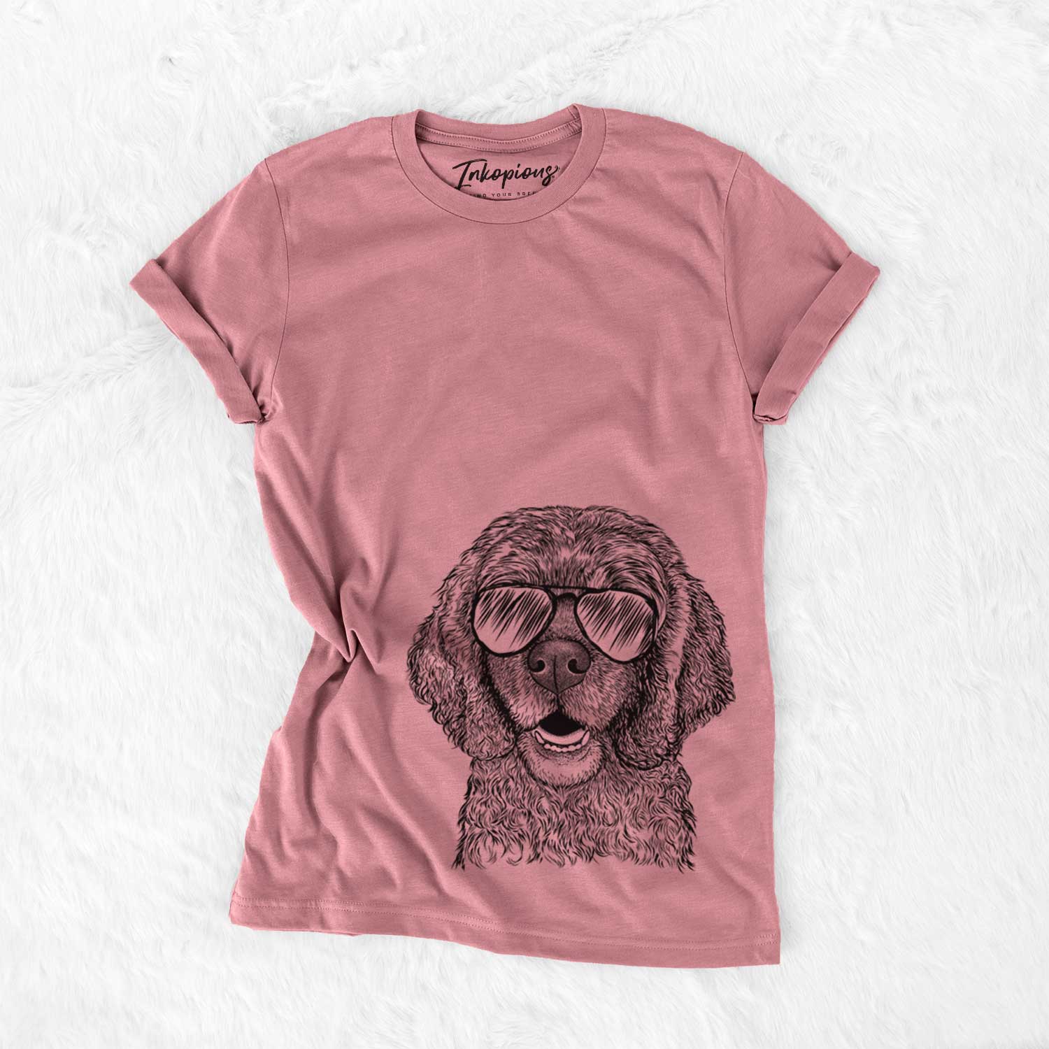 Hand-drawn sketch of Fannie Mae the Cocker Spaniel wearing aviator sunglasses on a Mauve Unisex crewneck