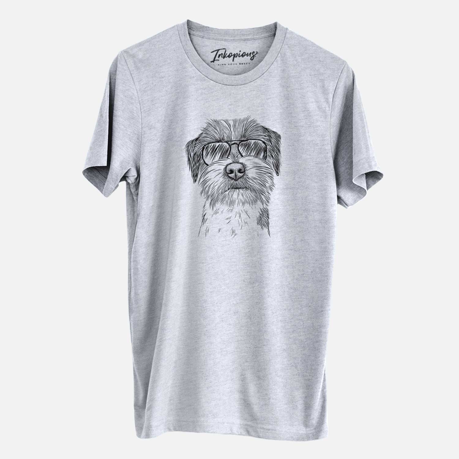 Hand-drawn sketch of Feis the Parson Russell Terrier wearing aviator sunglasses on a Grey Unisex crewneck