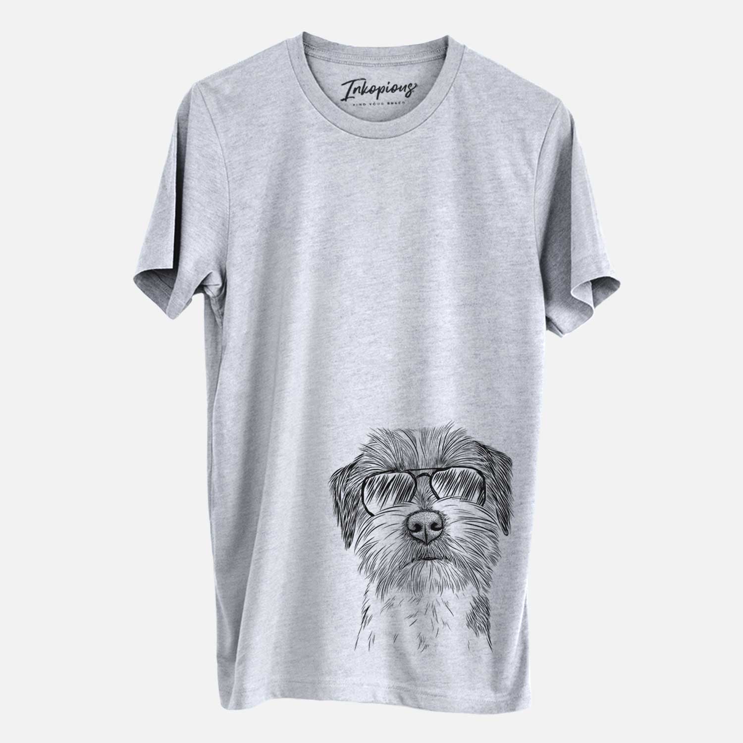 Hand-drawn sketch of Feis the Parson Russell Terrier wearing aviator sunglasses on a Grey Unisex crewneck