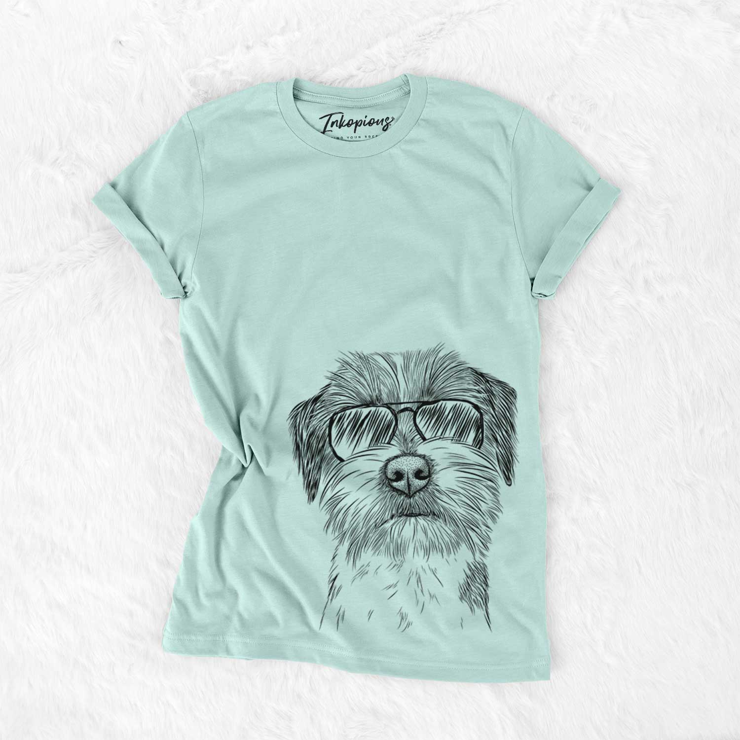 Hand-drawn sketch of Feis the Parson Russell Terrier wearing aviator sunglasses on a Heather Sage Unisex crewneck