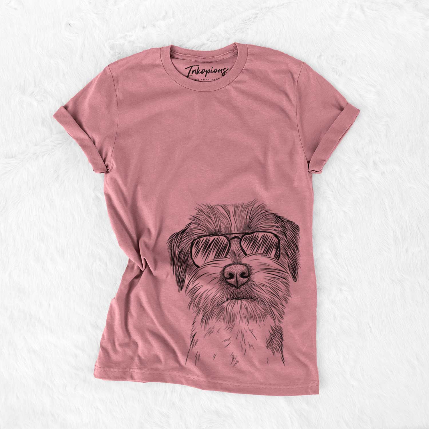 Hand-drawn sketch of Feis the Parson Russell Terrier wearing aviator sunglasses on a Mauve Unisex crewneck