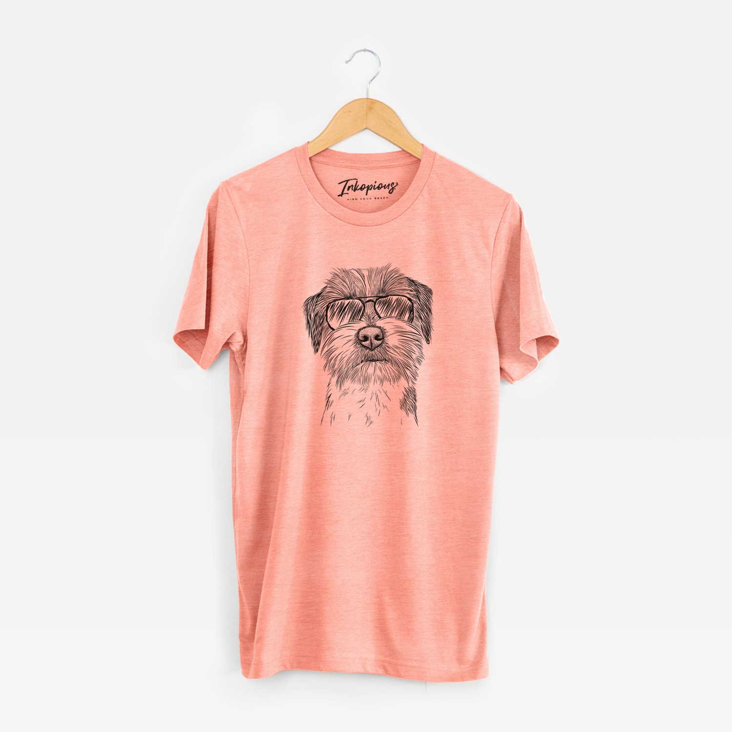 Hand-drawn sketch of Feis the Parson Russell Terrier wearing aviator sunglasses on a Sunset Unisex crewneck