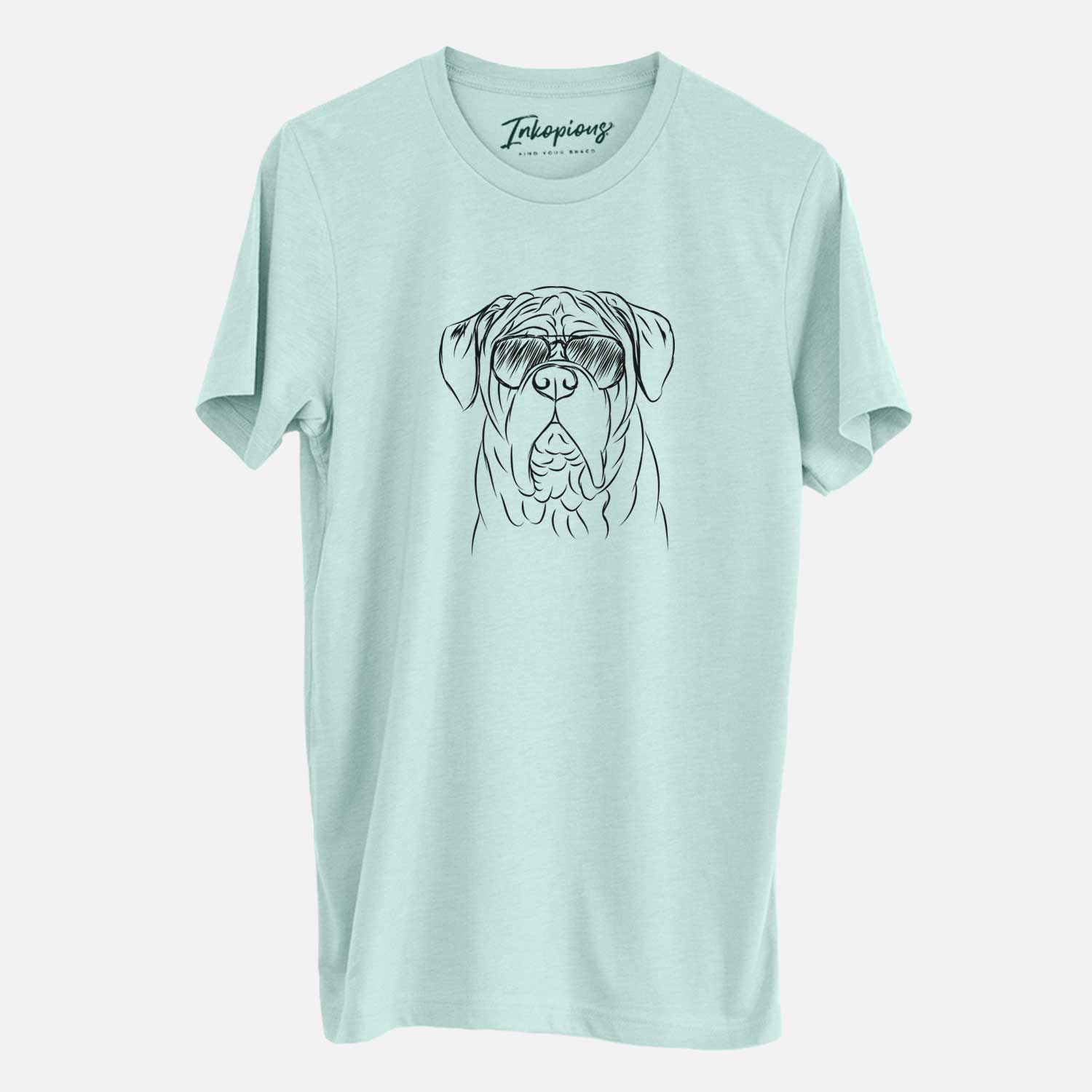 Hand-drawn sketch of Felix the Dogue de Bordeaux wearing aviator sunglasses on a Heather Sage Unisex crewneck