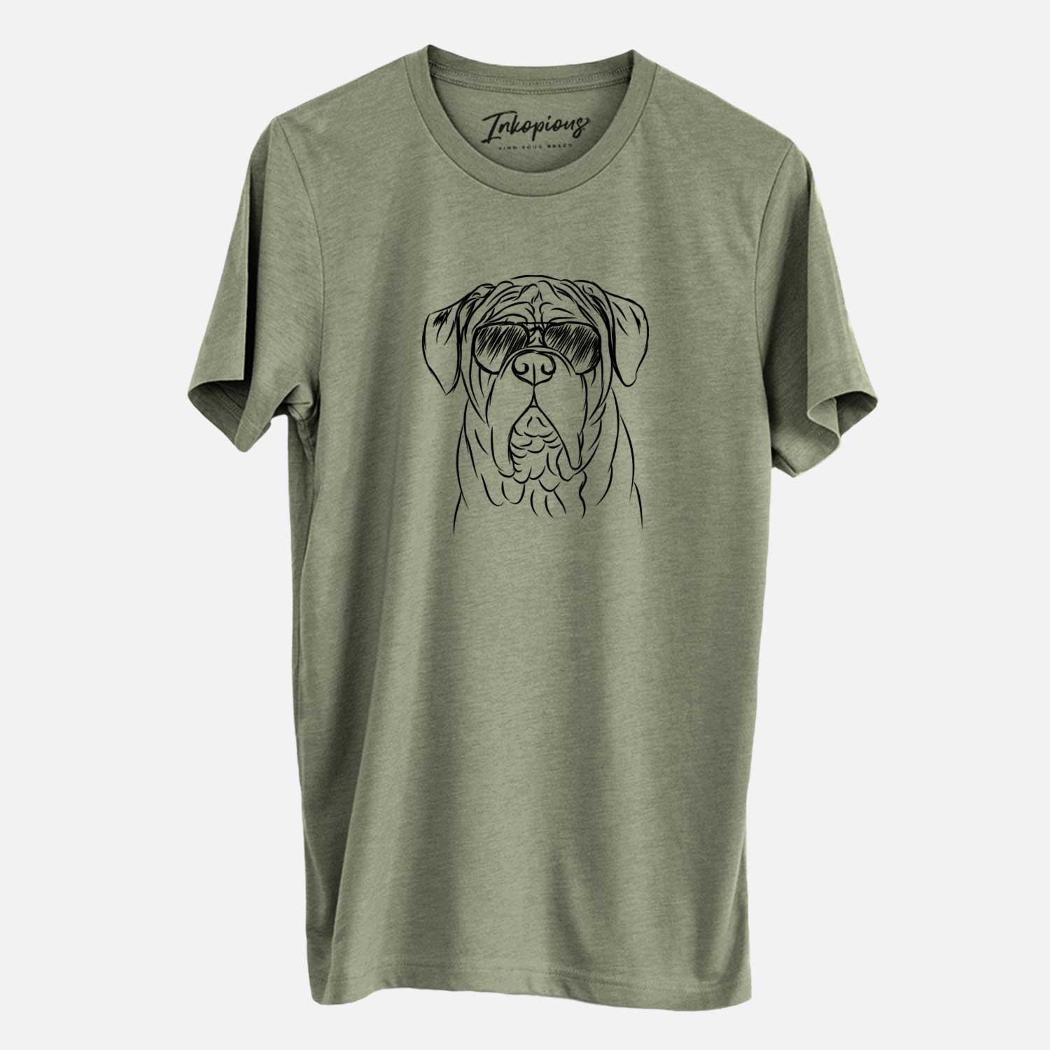 Hand-drawn sketch of Felix the Dogue de Bordeaux wearing aviator sunglasses on an Olive Unisex crewneck