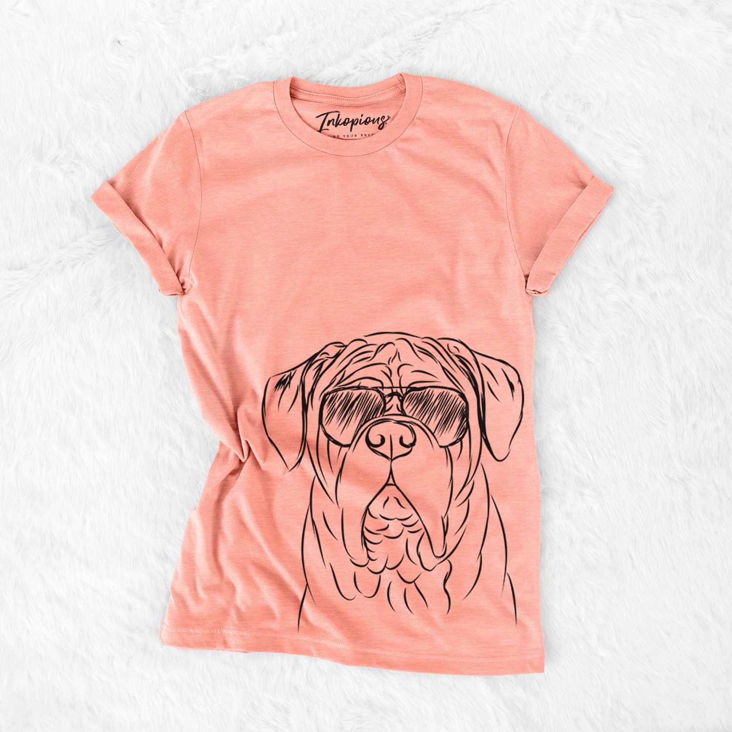 Hand-drawn sketch of Felix the Dogue de Bordeaux wearing aviator sunglasses on a Sunset Bella Canvas Unisex Crewneck