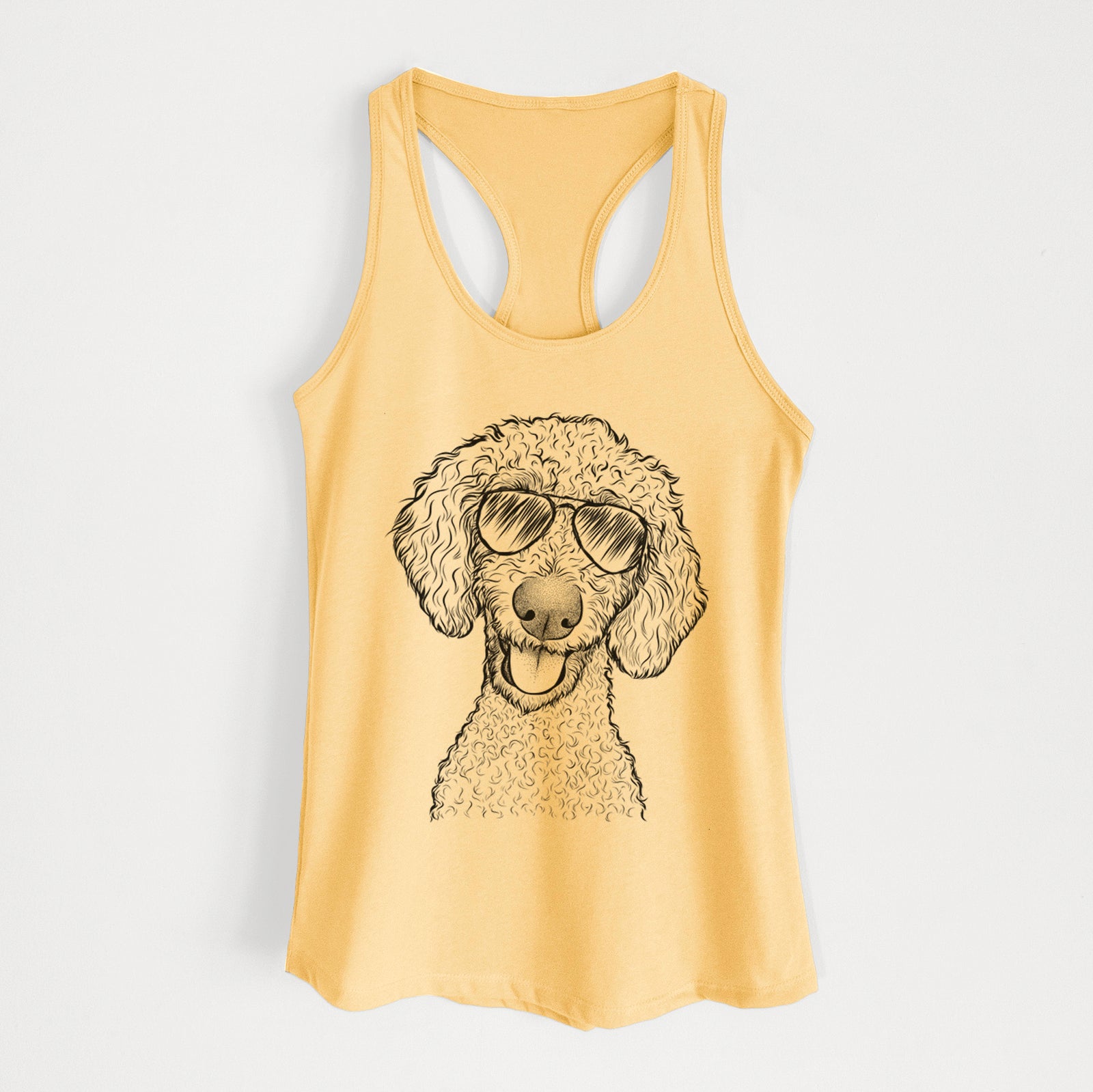 Hand-drawn sketch of Fenway the Goldendoodle wearing aviator sunglasses on a Banana Cream Women's racerback tanktop
