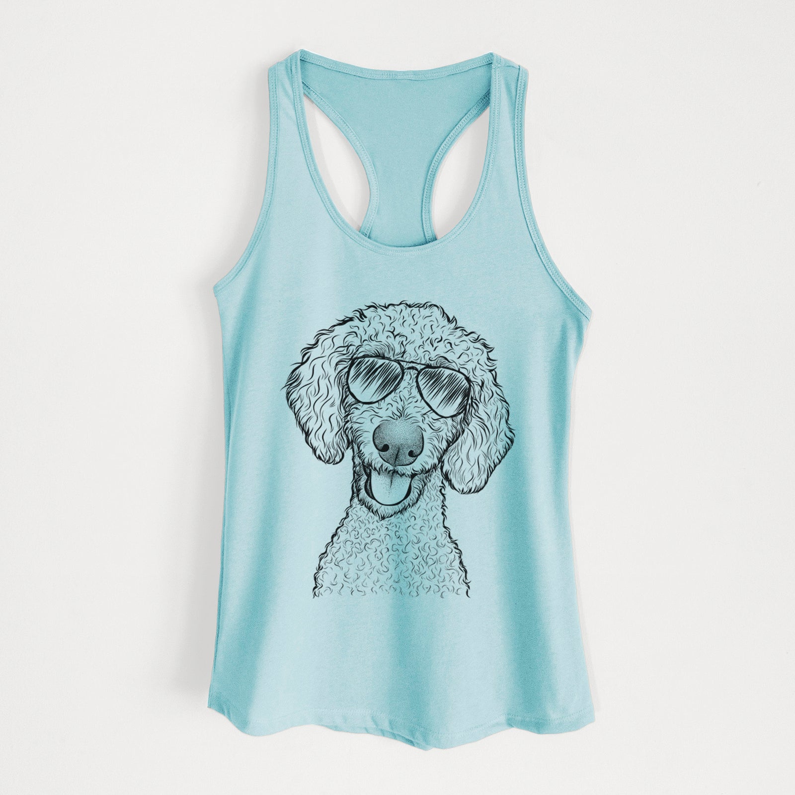 Hand-drawn sketch of Fenway the Goldendoodle wearing aviator sunglasses on a Cancun Blue Women's racerback tanktop
