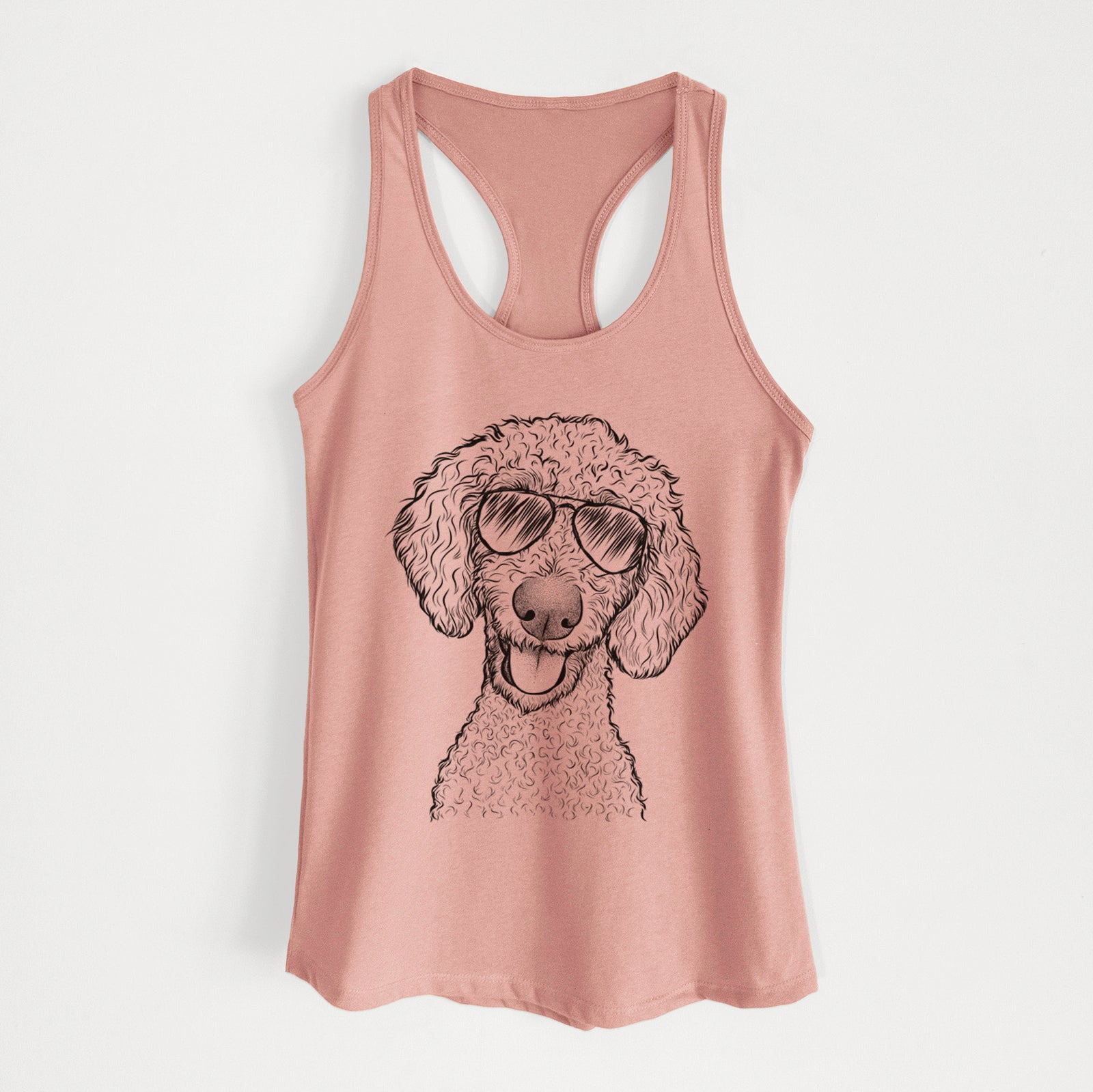 Hand-drawn sketch of Fenway the Goldendoodle wearing aviator sunglasses on a Desert Pink Women's racerback tanktop