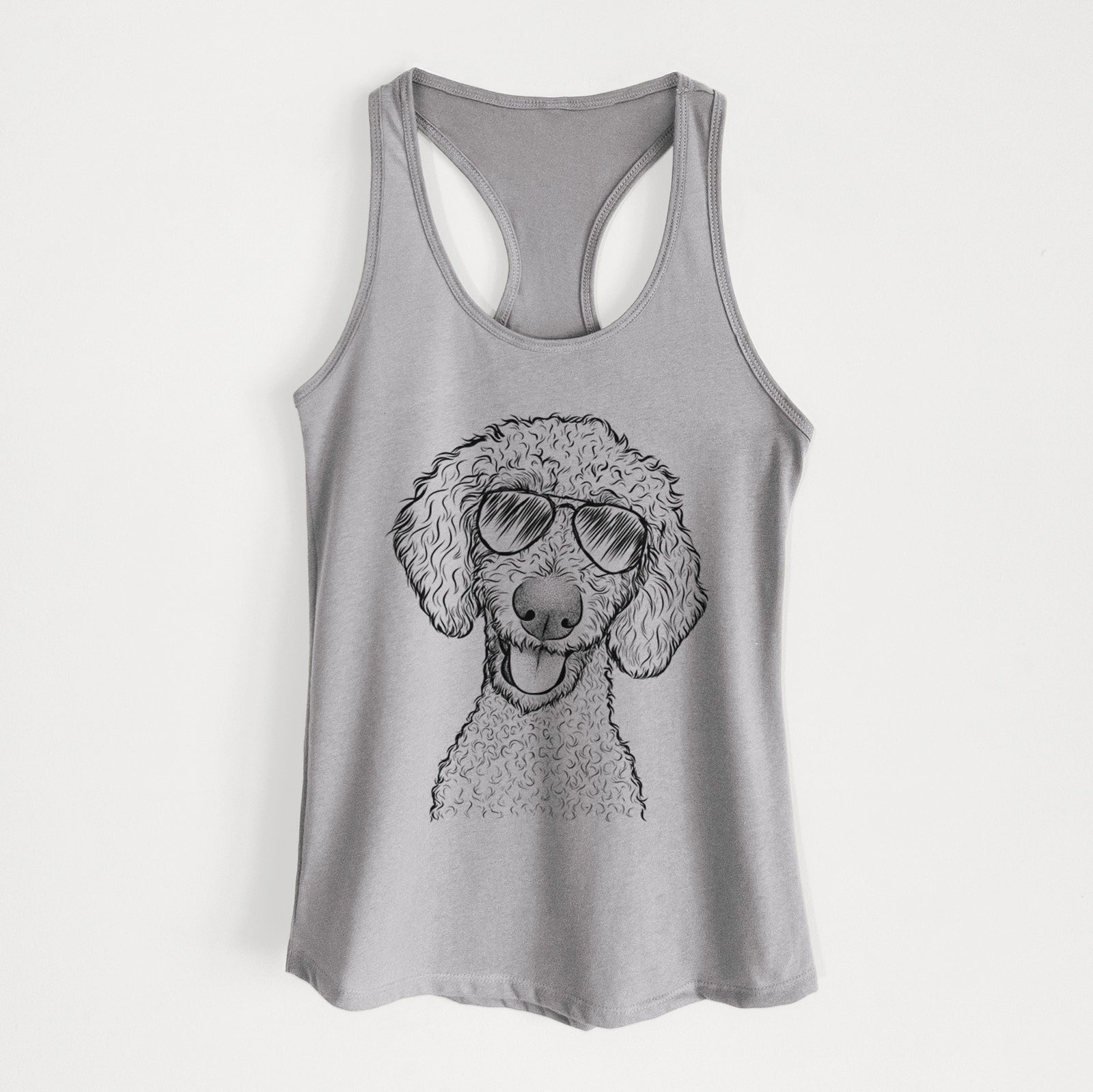 Hand-drawn sketch of Fenway the Goldendoodle wearing aviator sunglasses on a Heather Grey Women's racerback tanktop