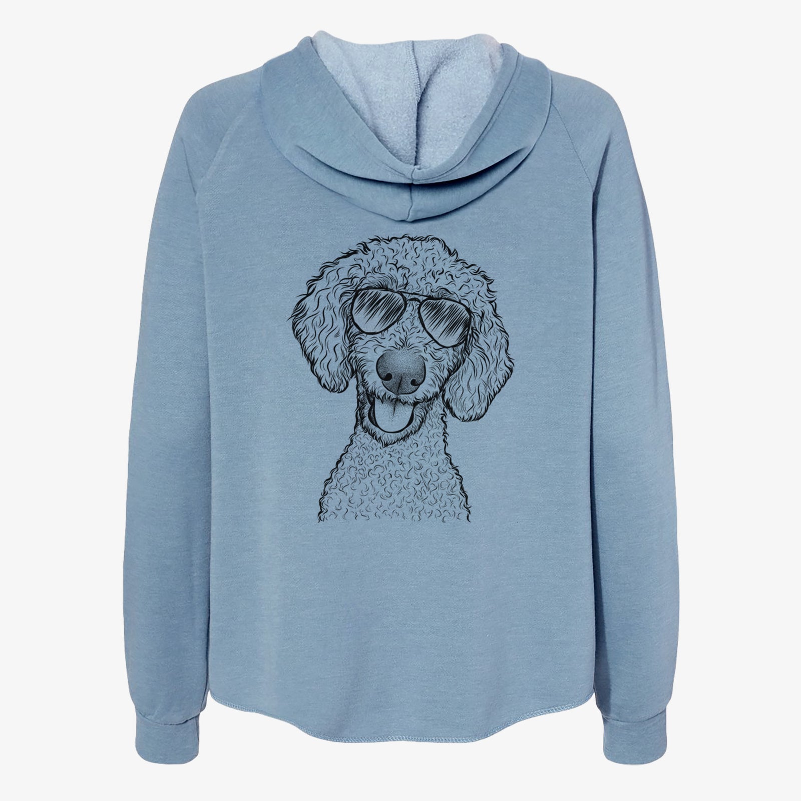 Hand-drawn sketch of Fenway the Goldendoodle wearing aviator sunglasses on a Misty Blue Women's cali wave zip-up sweatshirt