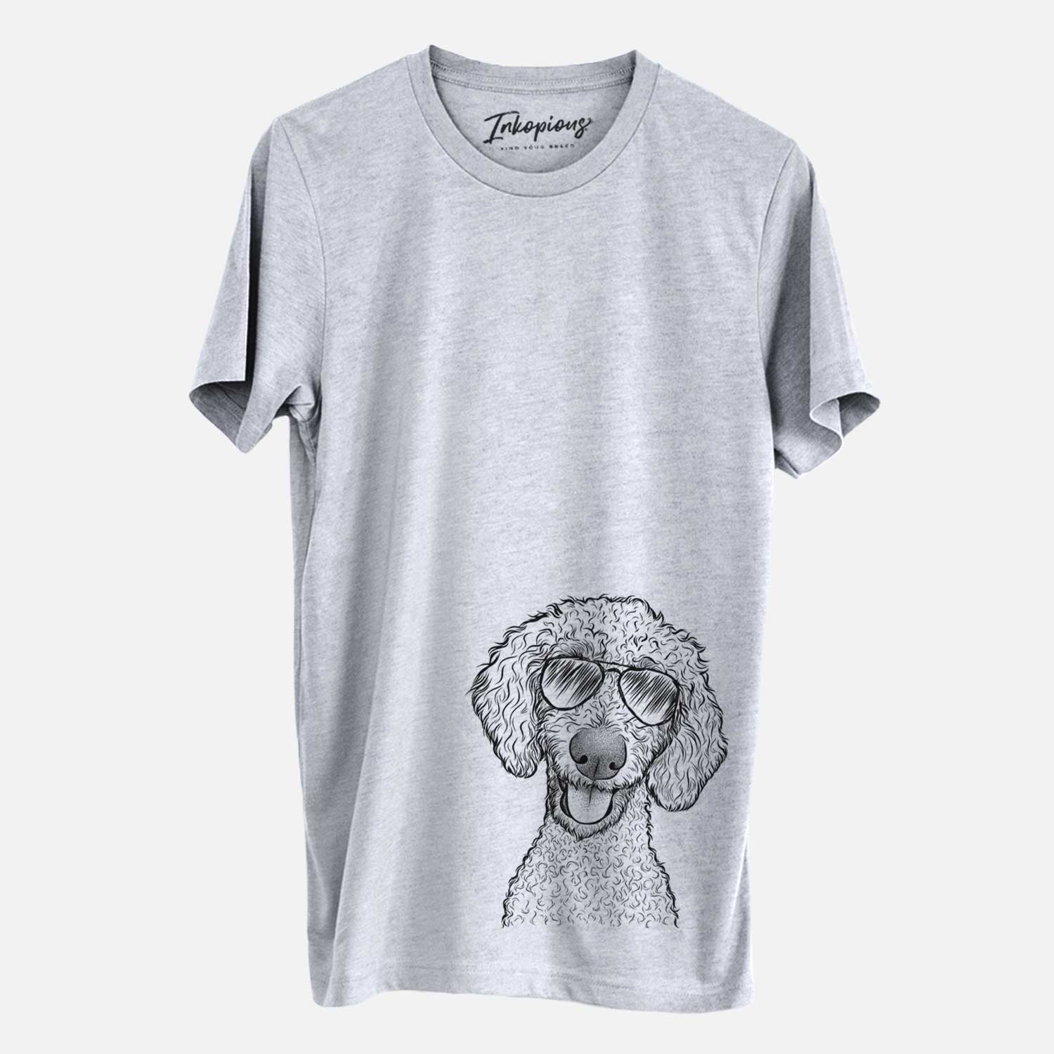 Hand-drawn sketch of Fenway the Goldendoodle wearing aviator sunglasses on a Grey Unisex crewneck