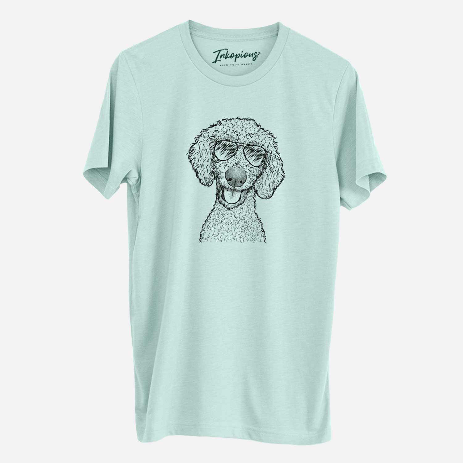 Hand-drawn sketch of Fenway the Goldendoodle wearing aviator sunglasses on a Heather Sage Unisex crewneck