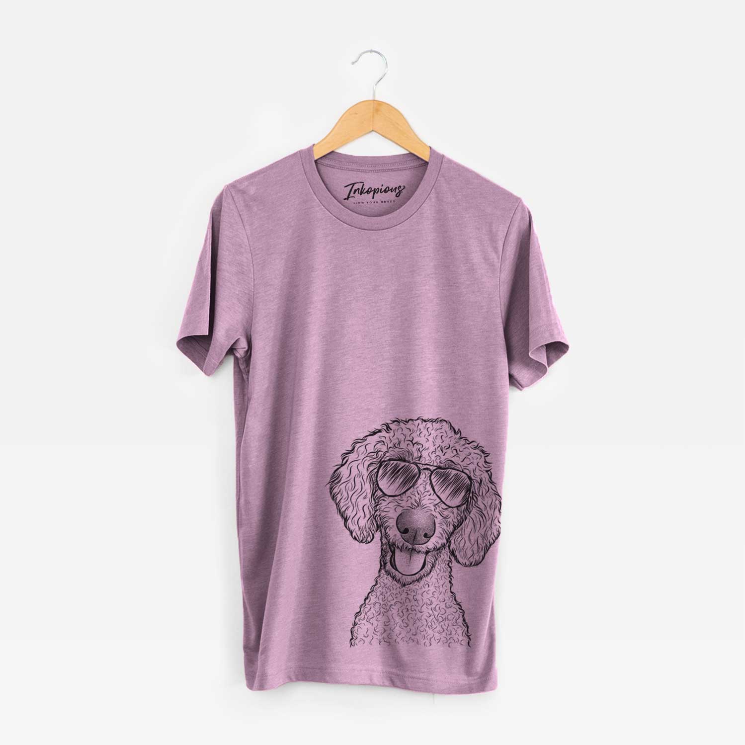 Hand-drawn sketch of Fenway the Goldendoodle wearing aviator sunglasses on an Orchid Bella Canvas Unisex Crewneck