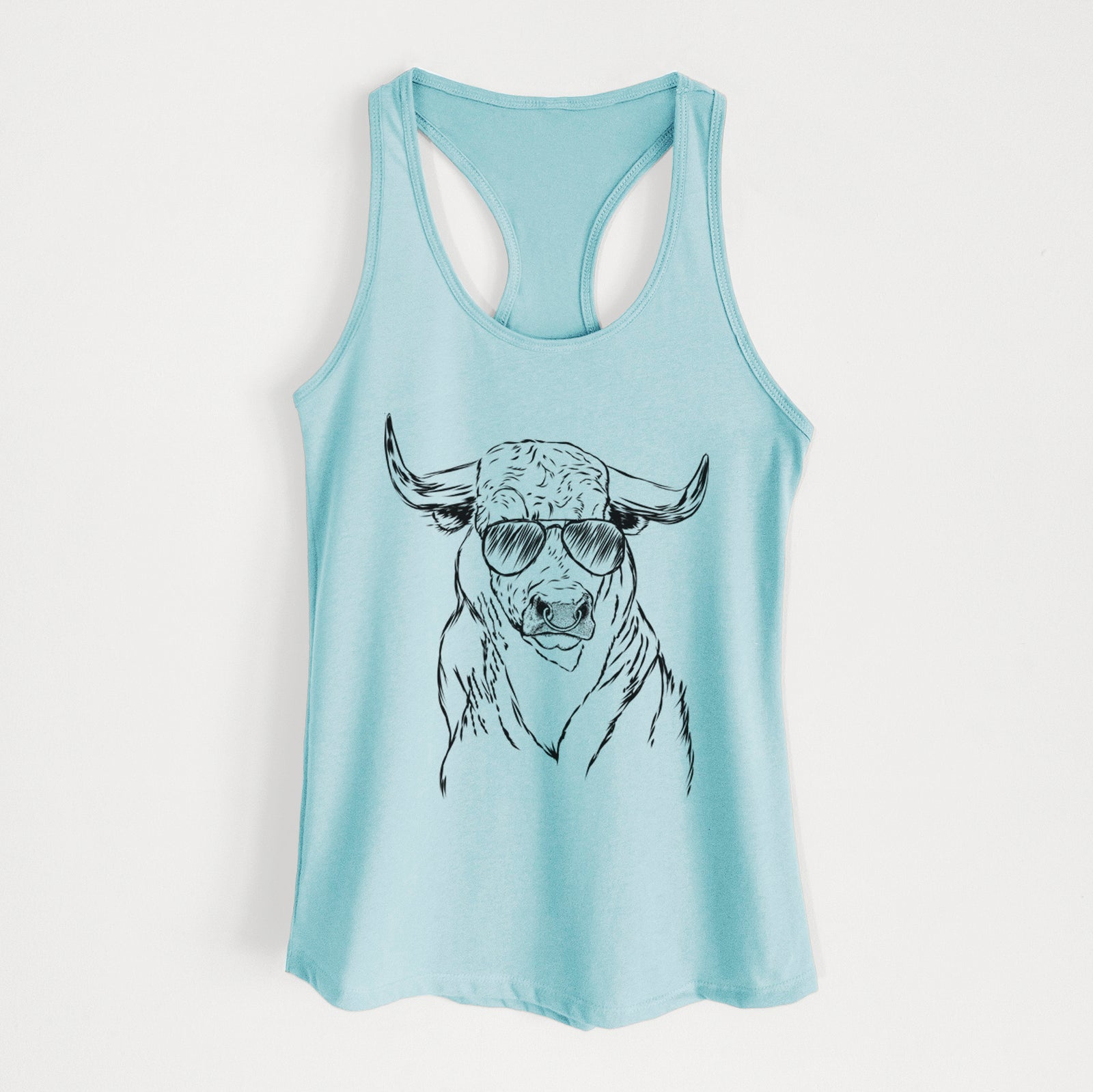 Hand-drawn sketch of Ferdinand the Bull wearing aviator sunglasses on a Cancun Blue Women's racerback tanktop