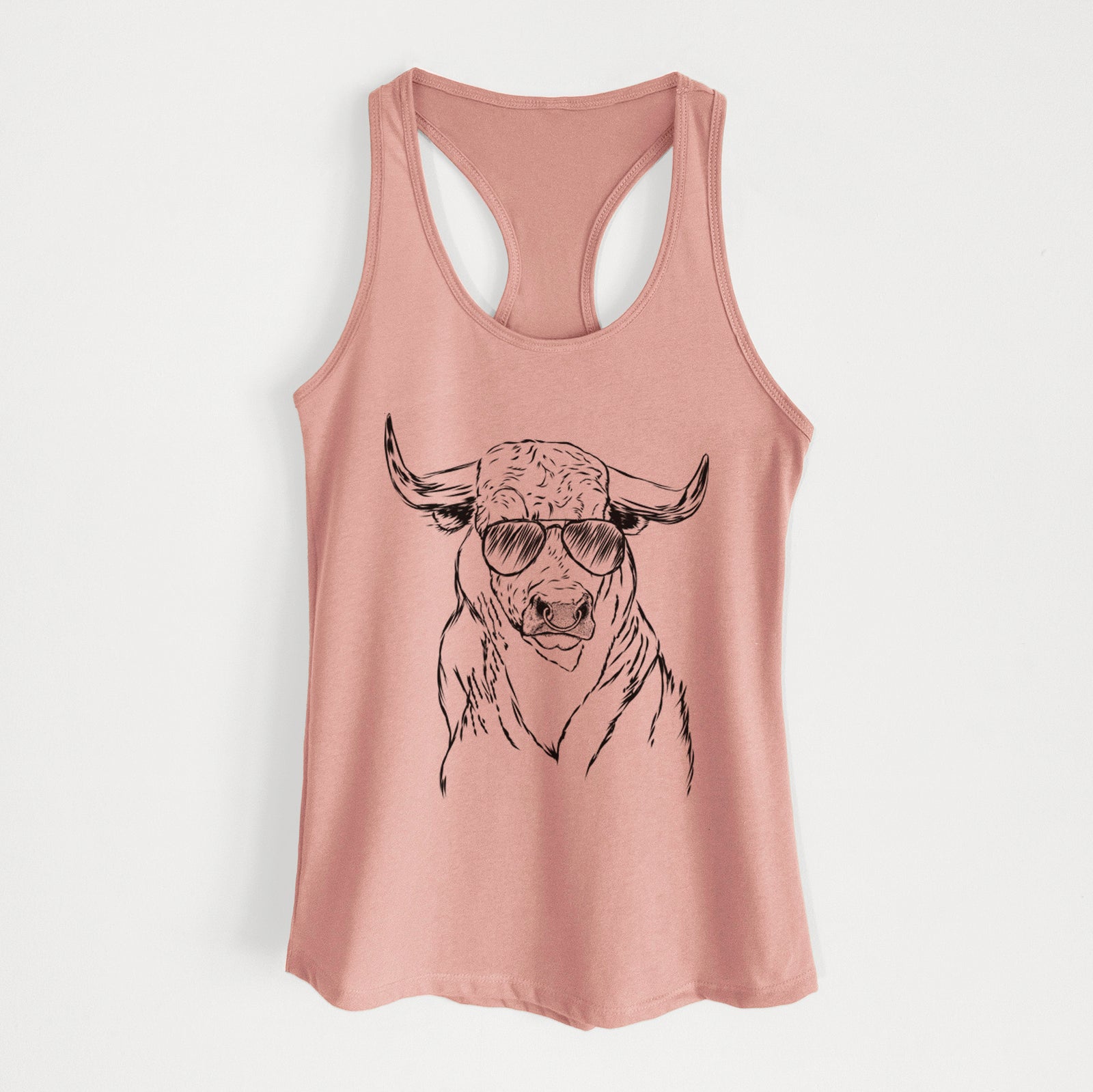 Hand-drawn sketch of Ferdinand the Bull wearing aviator sunglasses on a Desert Pink Women's racerback tanktop