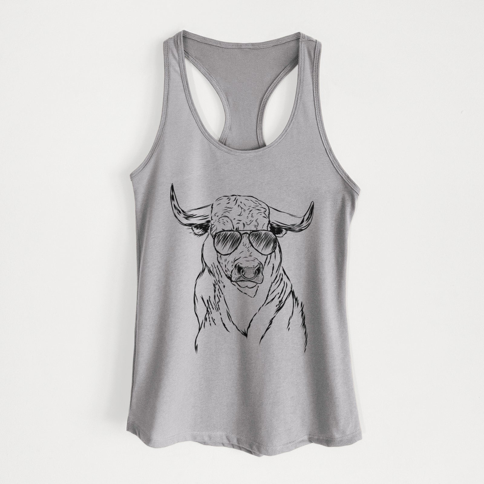 Hand-drawn sketch of Ferdinand the Bull wearing aviator sunglasses on a Heather Grey Women's racerback tanktop