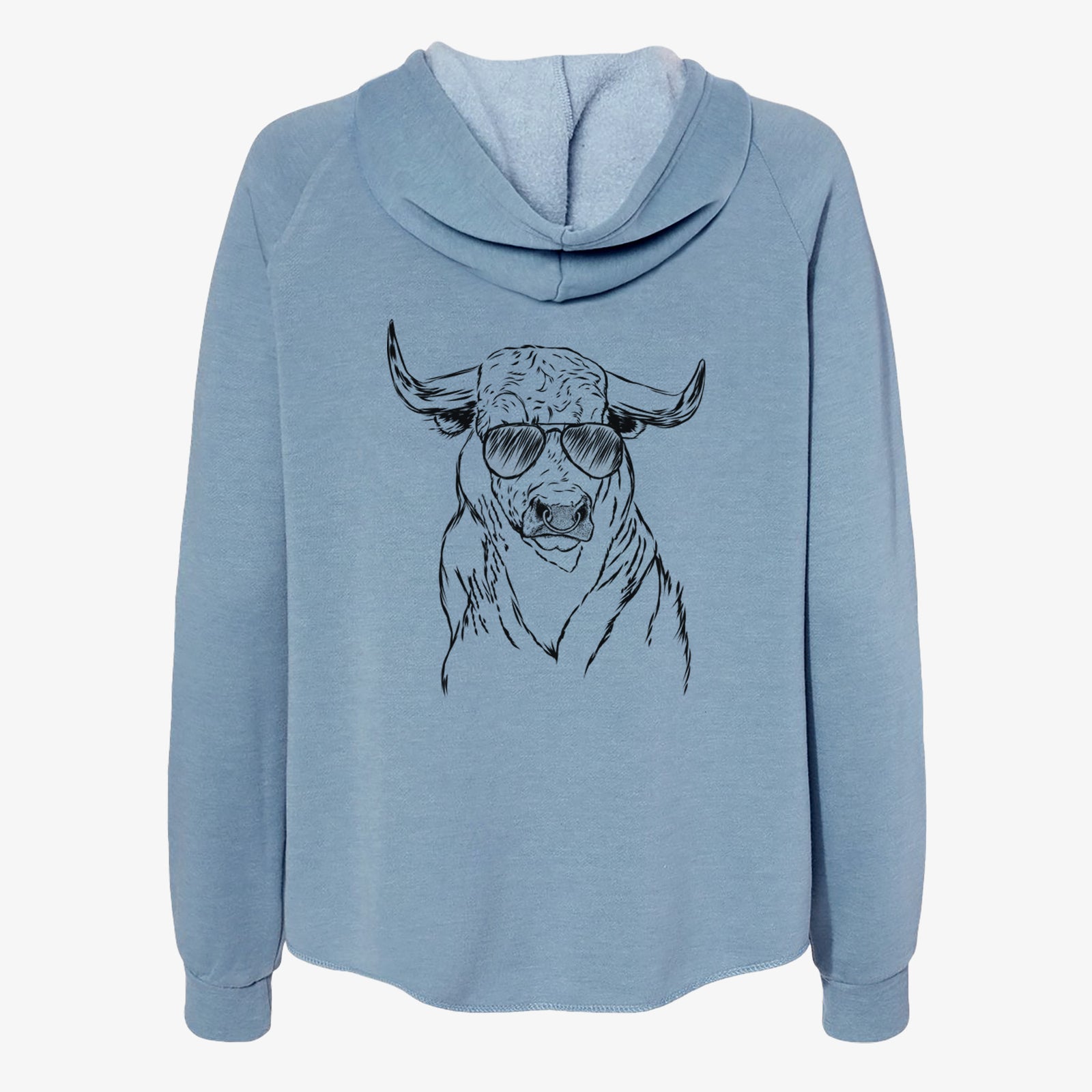 Hand-drawn sketch of Ferdinand the Bull wearing aviator sunglasses on a Misty Blue Women's cali wave zip-up sweatshirt