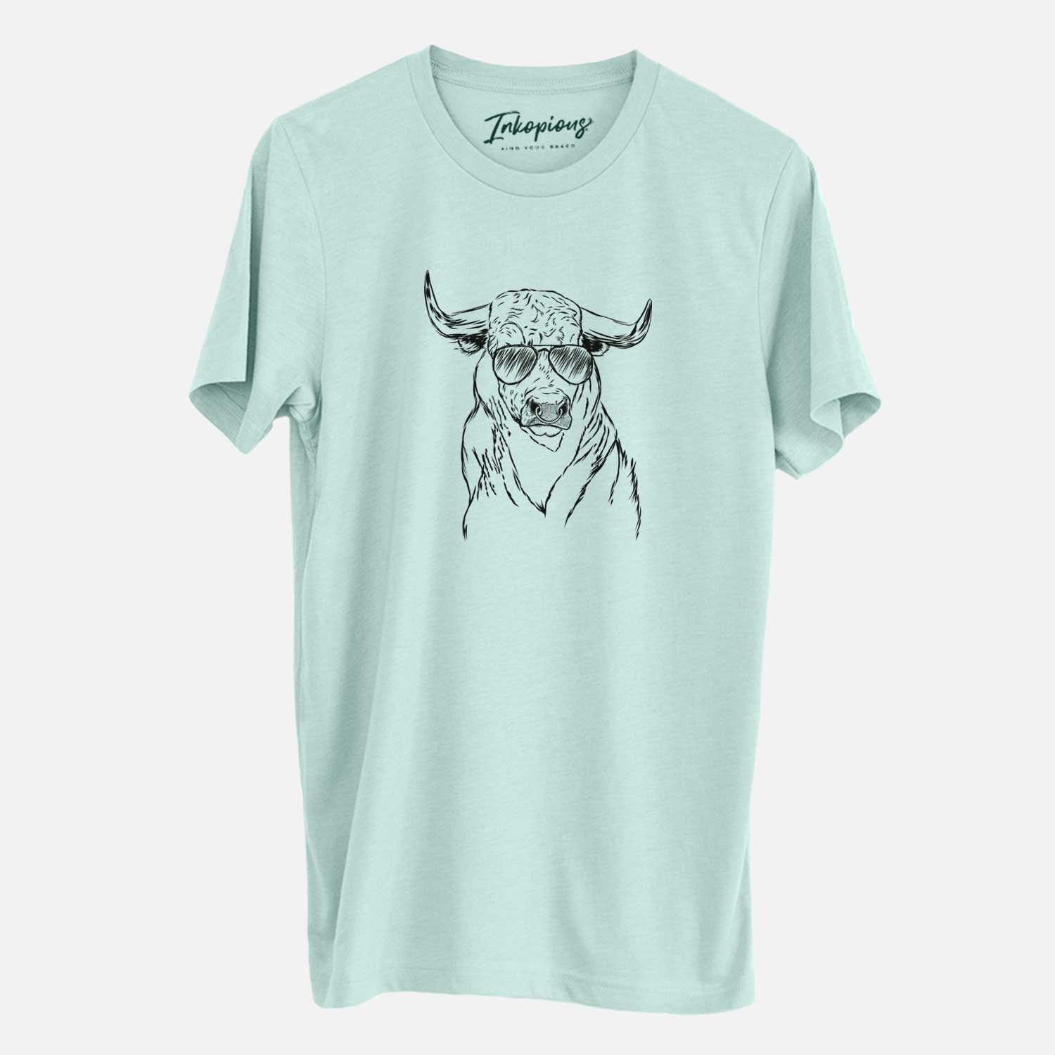 Hand-drawn sketch of Ferdinand the Bull wearing aviator sunglasses on a Heather Sage Unisex crewneck