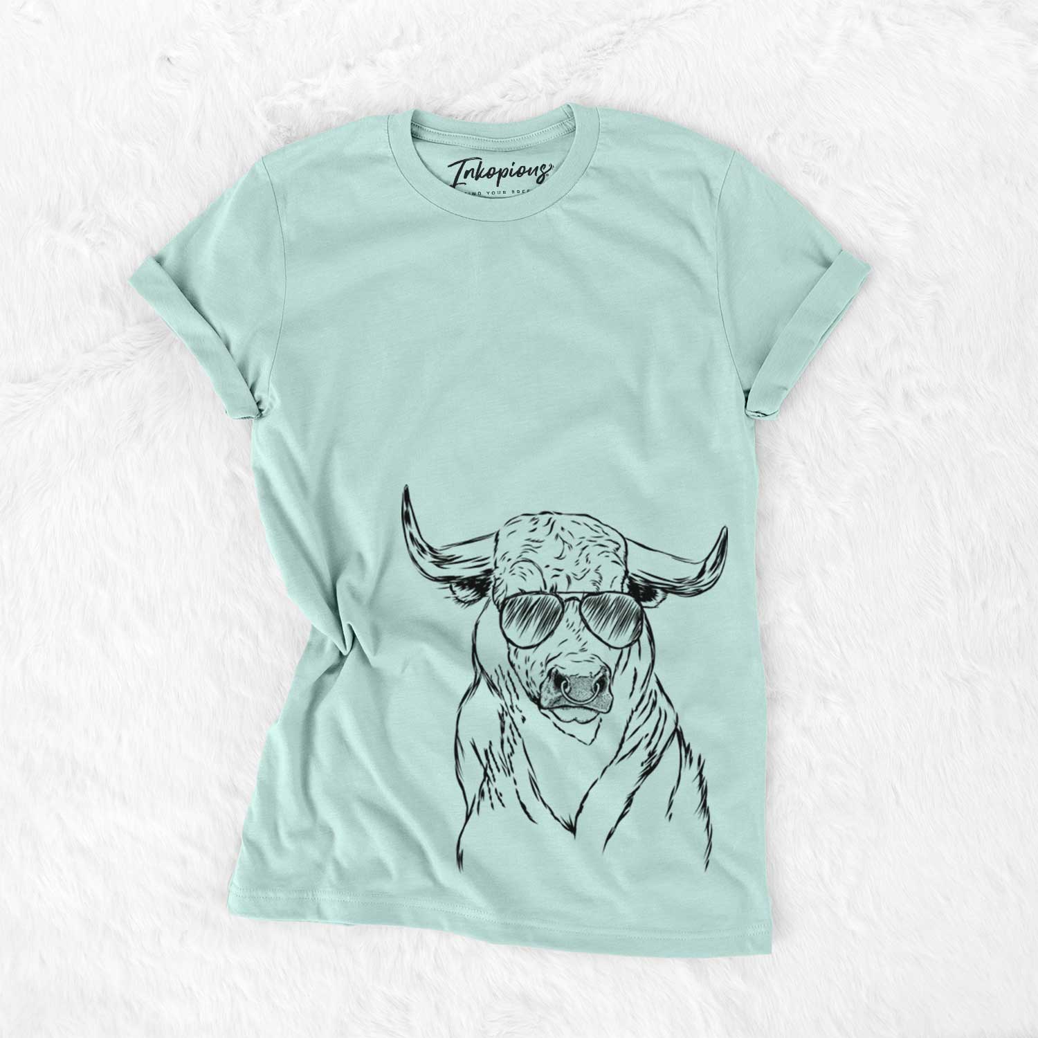 Hand-drawn sketch of Ferdinand the Bull wearing aviator sunglasses on a Heather Sage Unisex crewneck