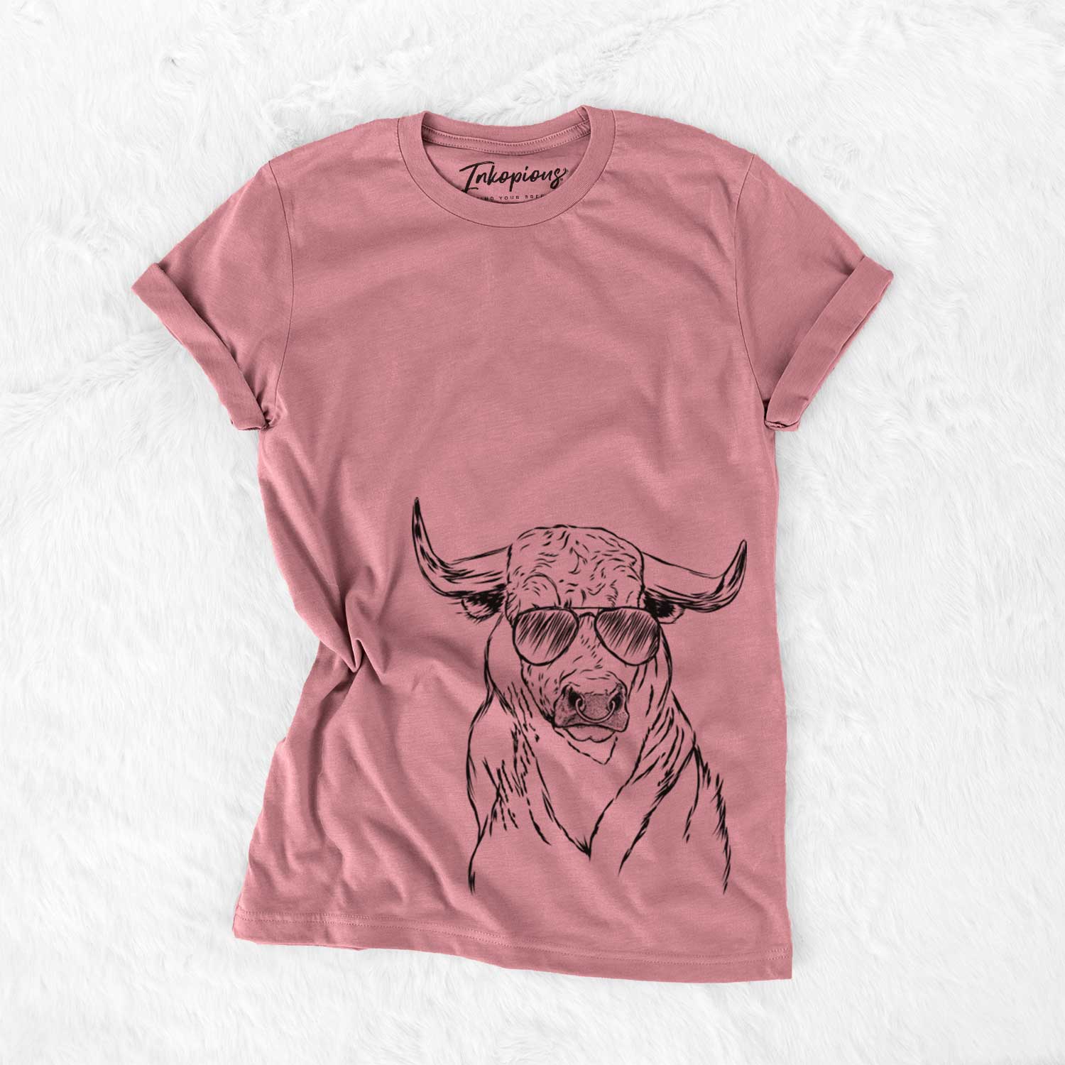 Hand-drawn sketch of Ferdinand the Bull wearing aviator sunglasses on a Mauve Unisex crewneck