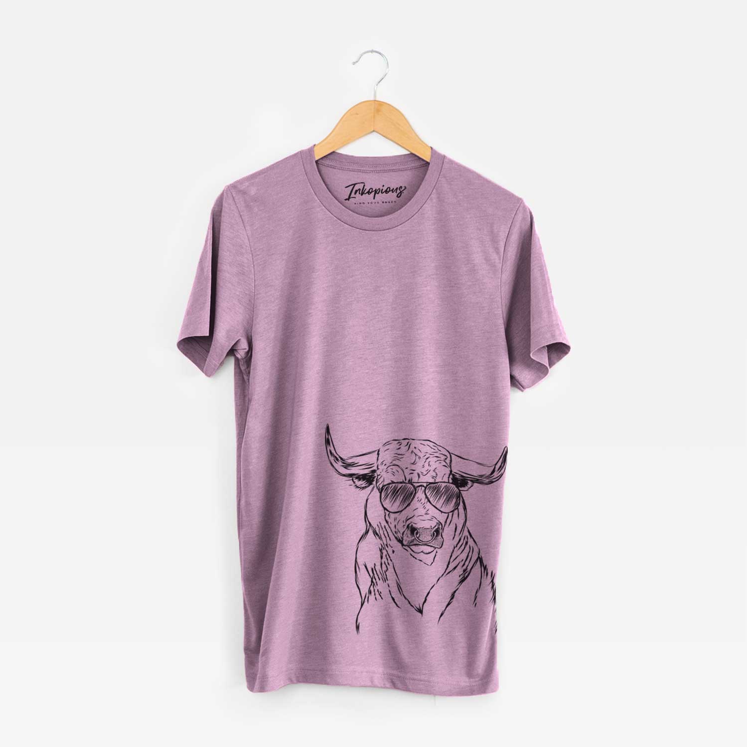 Hand-drawn sketch of Ferdinand the Bull wearing aviator sunglasses on an Orchid Unisex crewneck