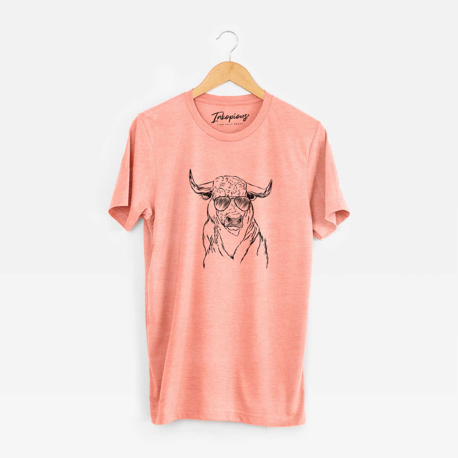 Hand-drawn sketch of Ferdinand the Bull wearing aviator sunglasses on a Sunset Unisex crewneck