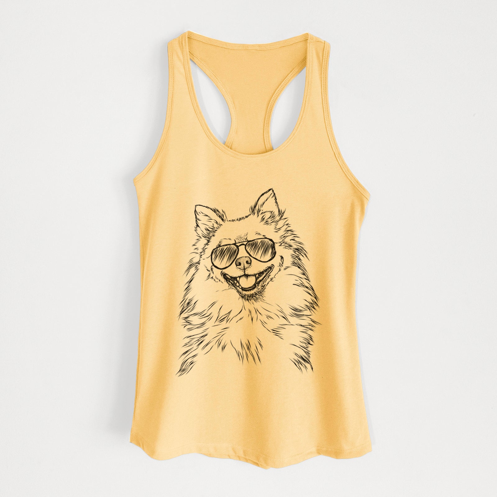 Hand-drawn sketch of Fibi the Spitz wearing aviator sunglasses on a Banana Cream Women's racerback tanktop