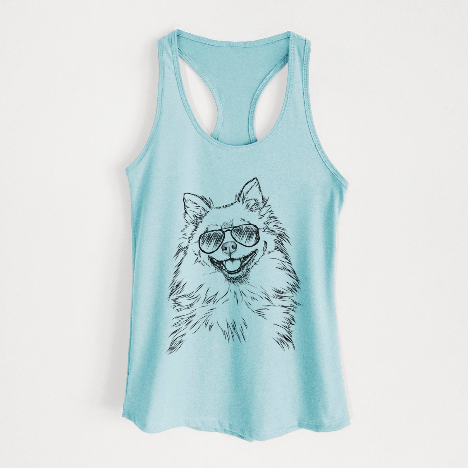 Hand-drawn sketch of Fibi the Spitz wearing aviator sunglasses on a Cancun Blue Women's racerback tanktop