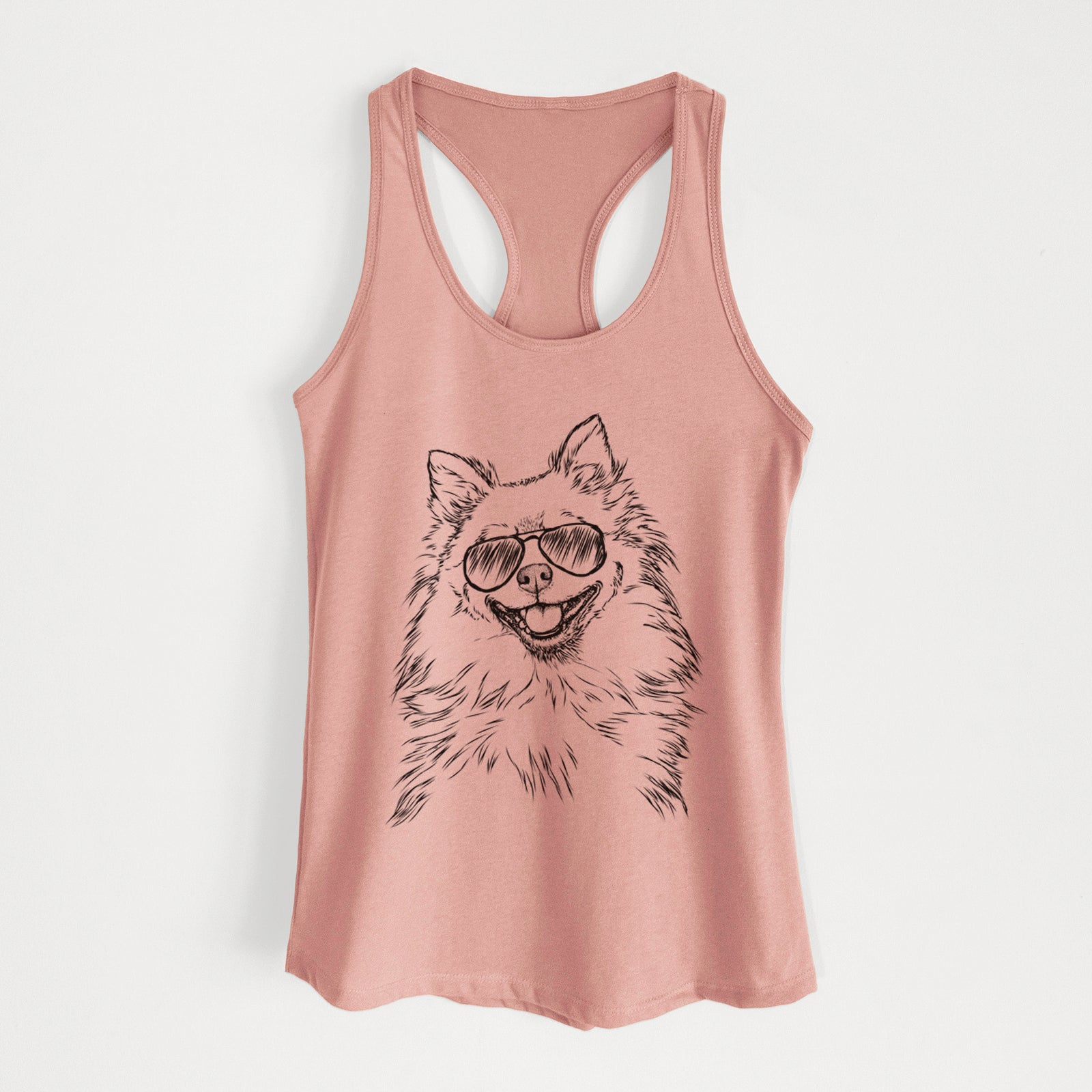 Hand-drawn sketch of Fibi the Spitz wearing aviator sunglasses on a Desert Pink Women's racerback tanktop