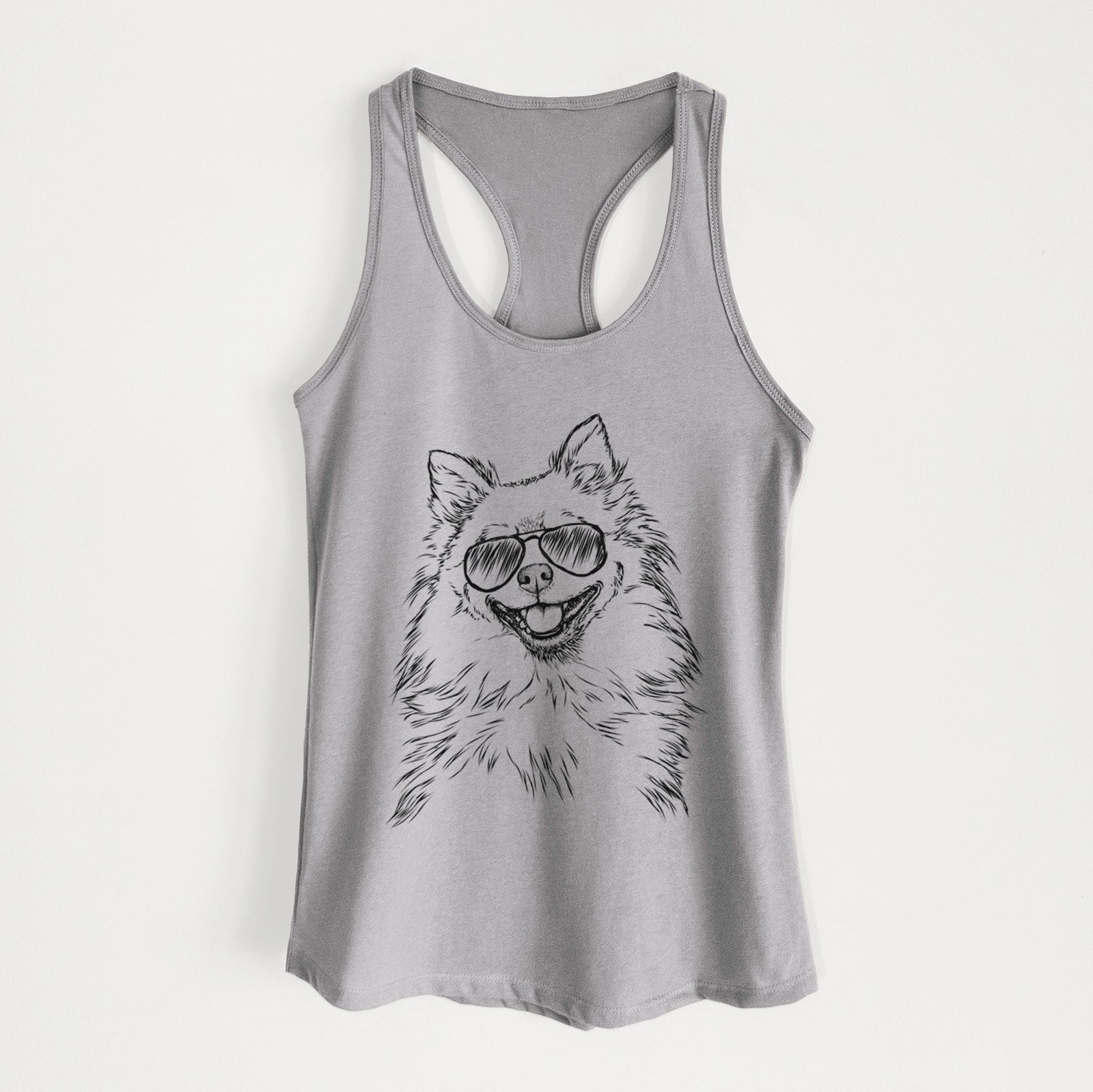Hand-drawn sketch of Fibi the Spitz wearing aviator sunglasses on a Heather Grey Women's racerback tanktop