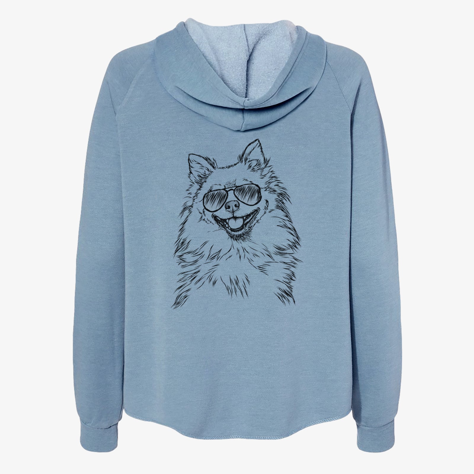 Hand-drawn sketch of Fibi the Spitz wearing aviator sunglasses on a Misty Blue Women's cali wave zip-up sweatshirt