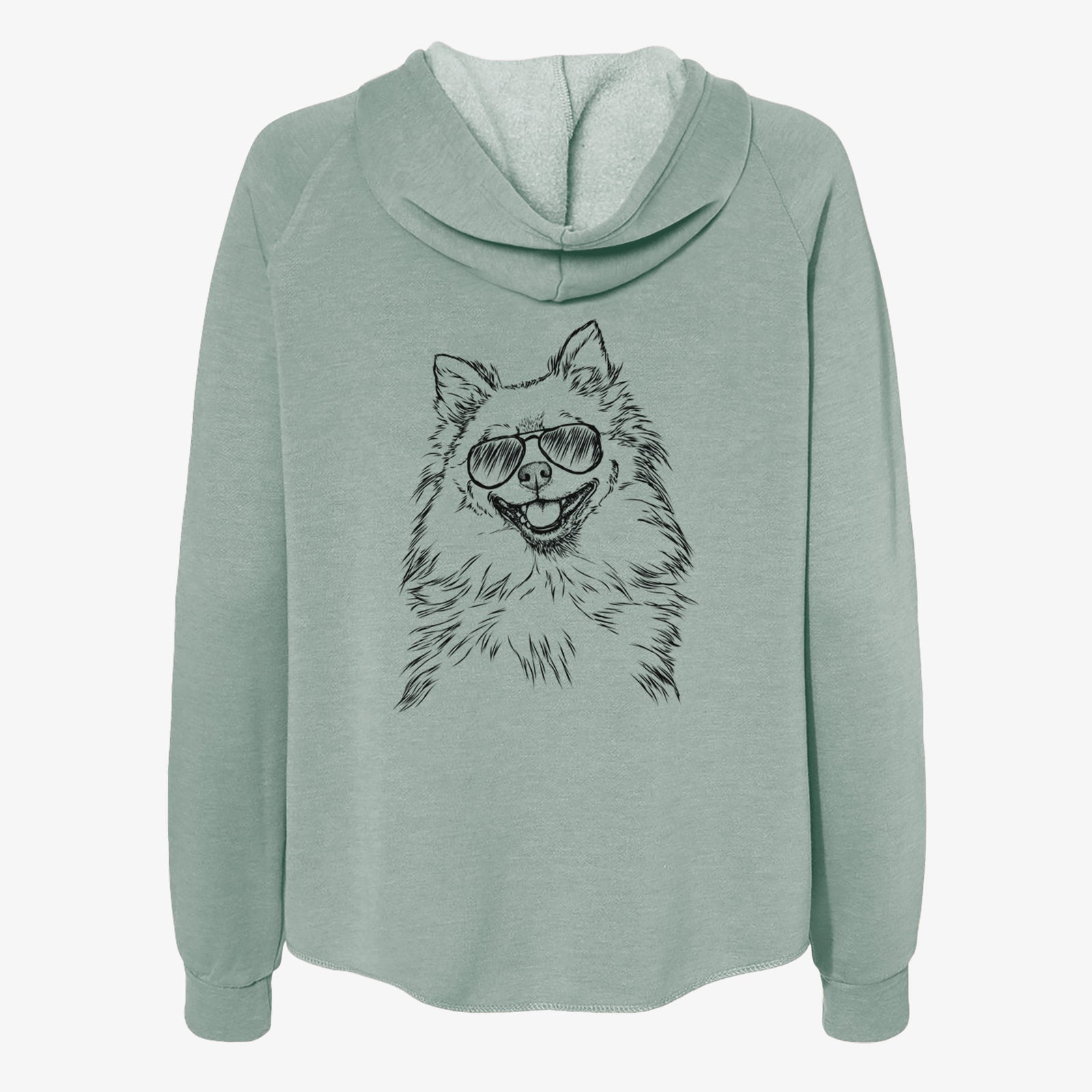 Hand-drawn sketch of Fibi the Spitz wearing aviator sunglasses on a Sage Women's cali wave zip-up sweatshirt