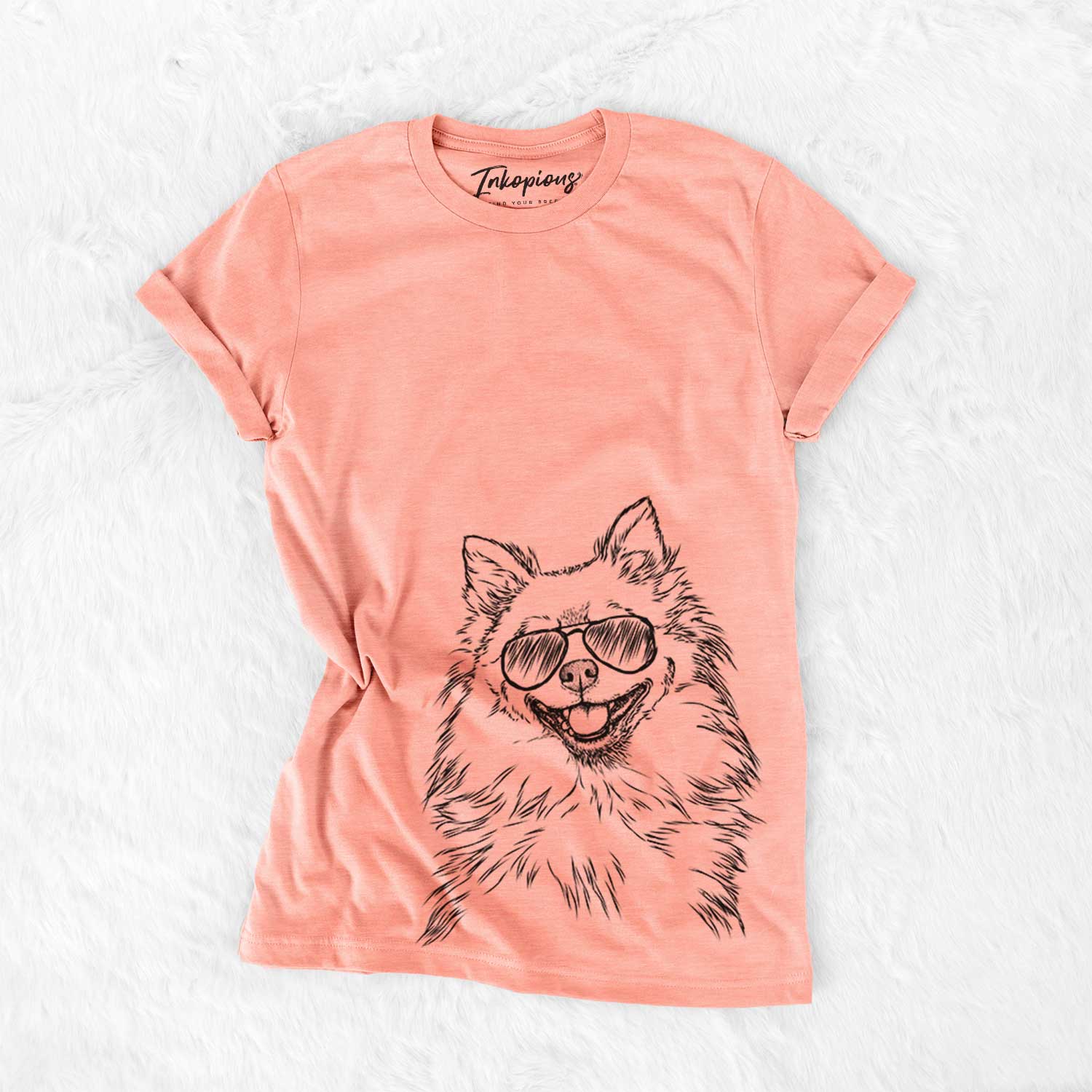 Hand-drawn sketch of Fibi the Spitz wearing aviator sunglasses on a Sunset Bella Canvas Unisex Crewneck