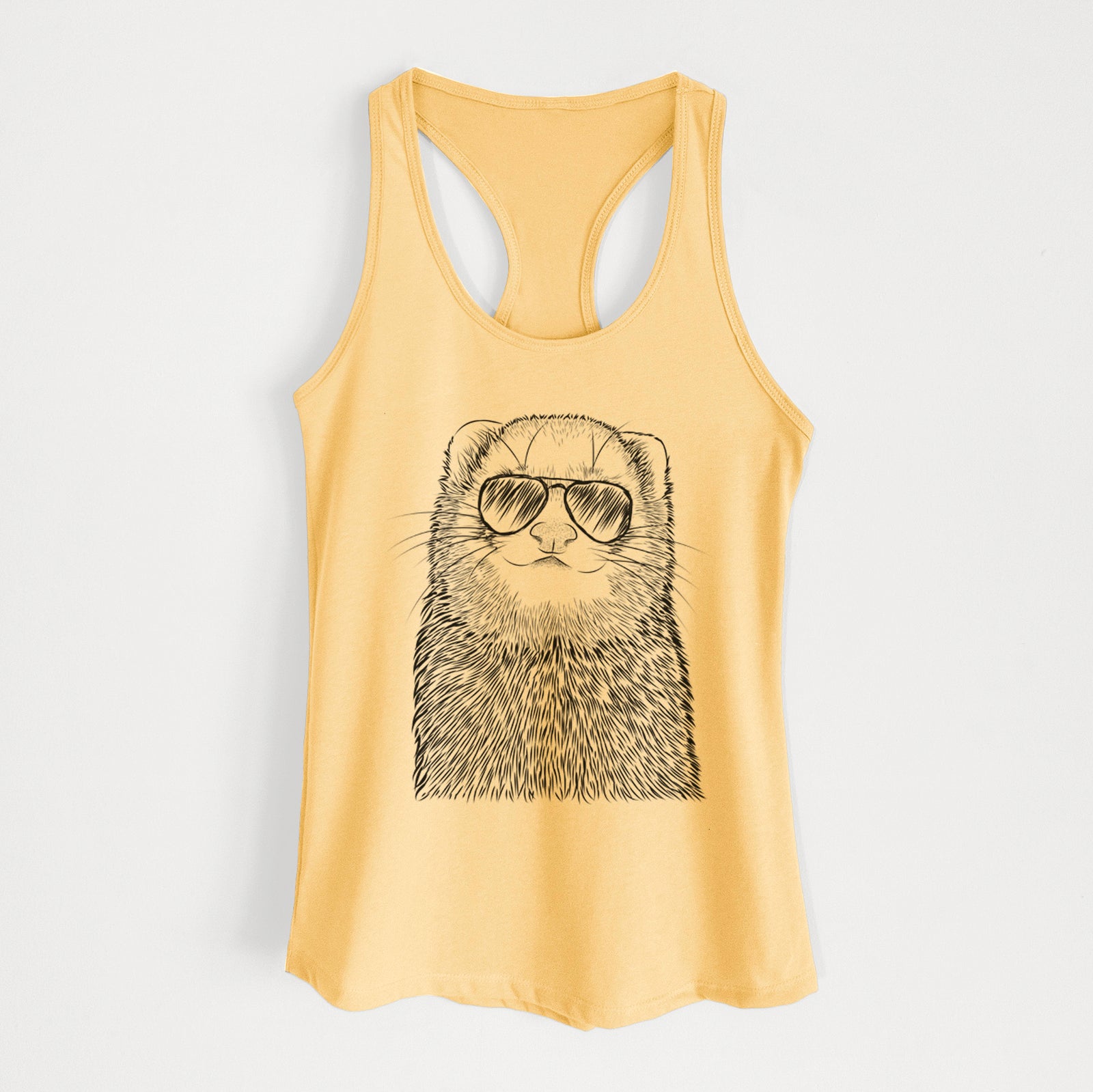 Hand-drawn sketch of Fig the Ferret wearing aviator sunglasses on a Banana Cream Women's racerback tanktop