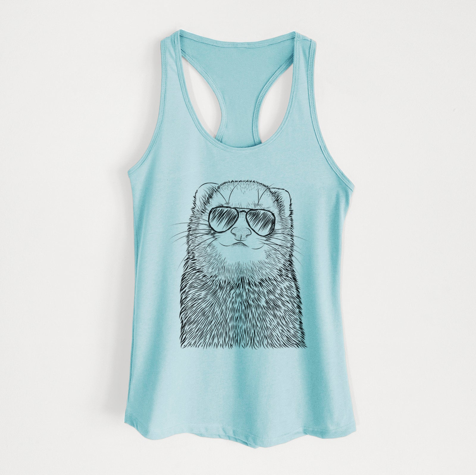 Hand-drawn sketch of Fig the Ferret wearing aviator sunglasses on a Cancun Blue Women's racerback tanktop