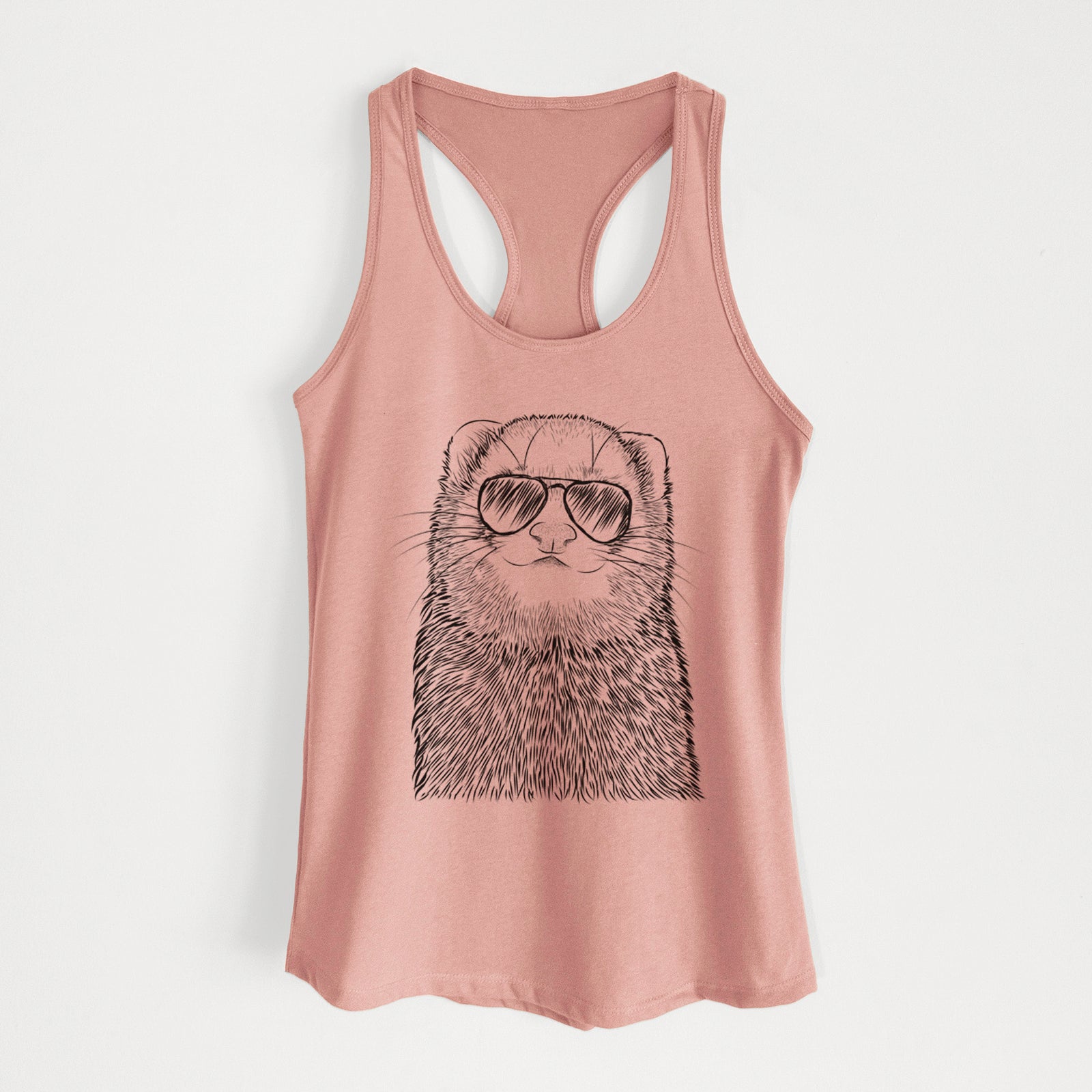 Hand-drawn sketch of Fig the Ferret wearing aviator sunglasses on a Desert Pink Women's racerback tanktop