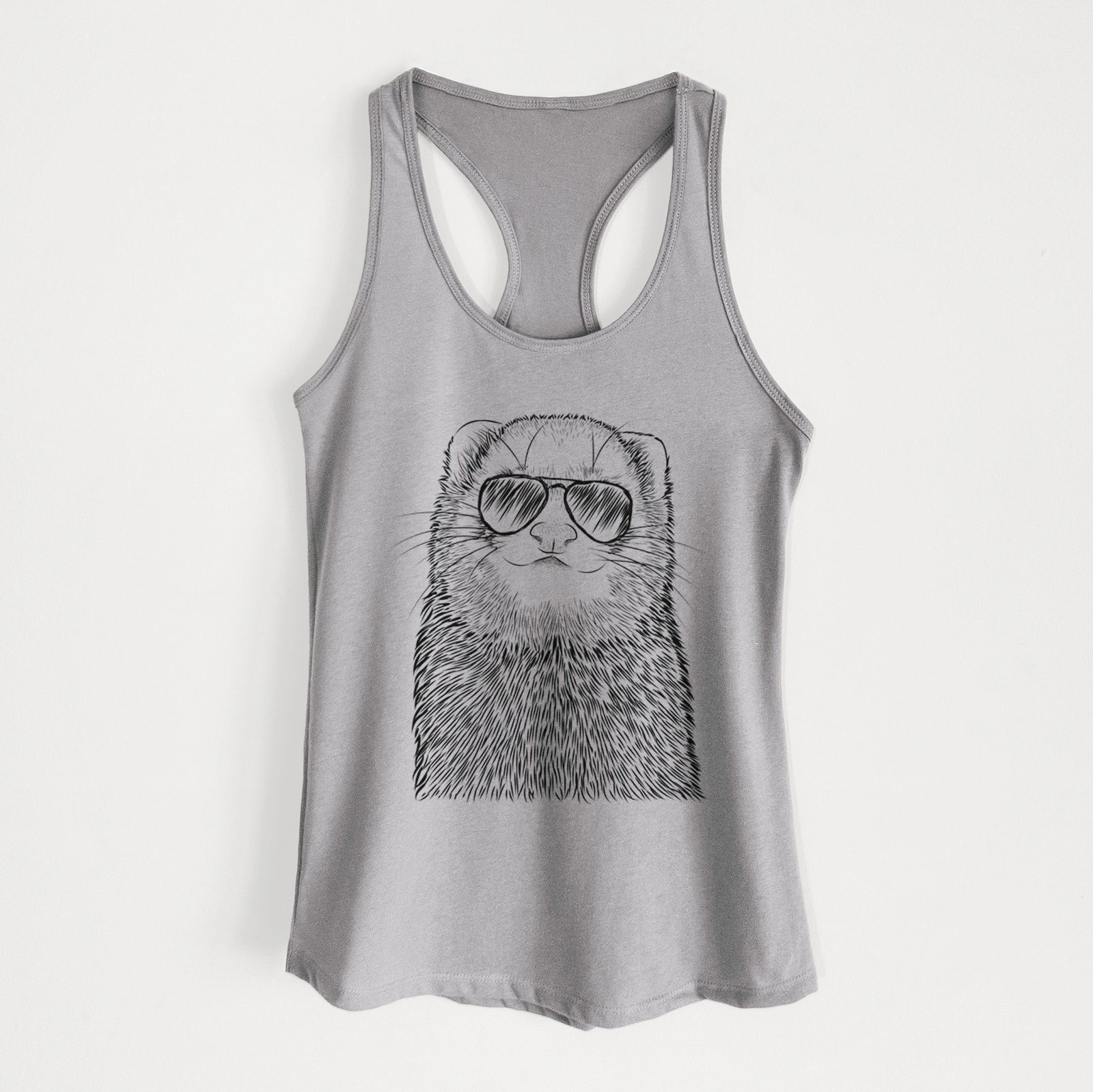 Hand-drawn sketch of Fig the Ferret wearing aviator sunglasses on a Heather Grey Women's racerback tanktop
