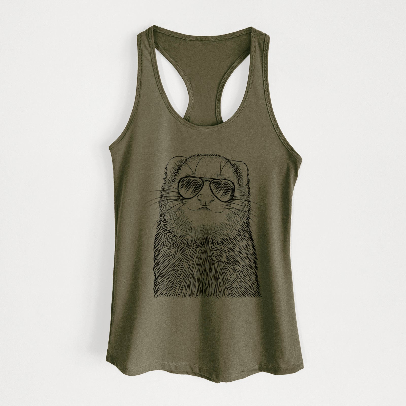 Hand-drawn sketch of Fig the Ferret wearing aviator sunglasses on a Military Green Women's racerback tanktop