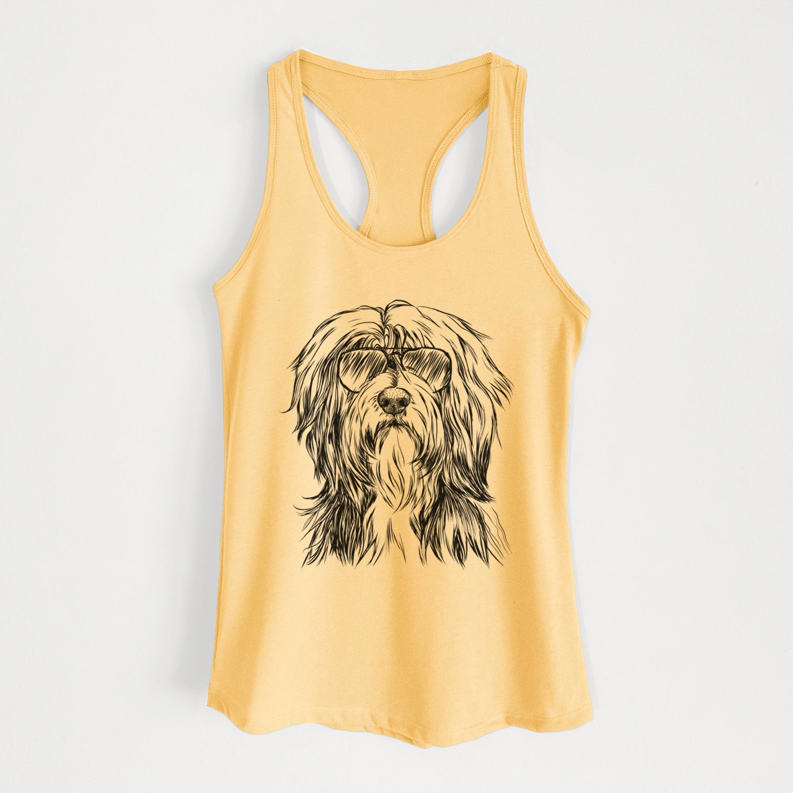 Hand-drawn sketch of Fiji the Polish Lowland Sheepdog wearing aviator sunglasses on a Banana Cream Women's racerback tanktop